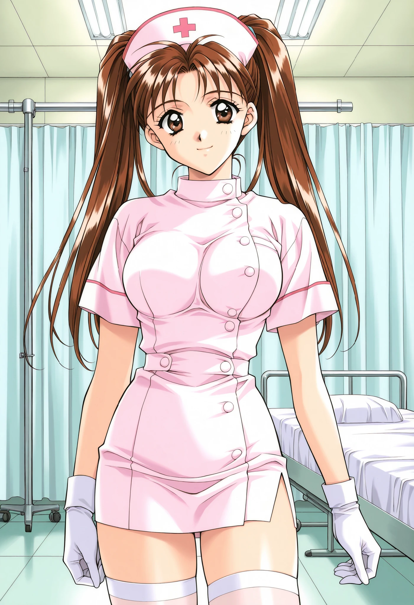 Score_9, score_8_up, score_7_up, source_anime, KanouRyouko, 1girl, solo, twintails, brown hair, brown eyes, large breasts, 1990s (style), kadoi aya style, (best quality), (high quality), {masterpiece}, extremely delicate and beautiful, ultra-detailed, beautiful detailed eyes, nurse, nurse hat, ((white nurse's outfit)), white gloves, white thighhighs, hospital room, smile, closed mouth, standing