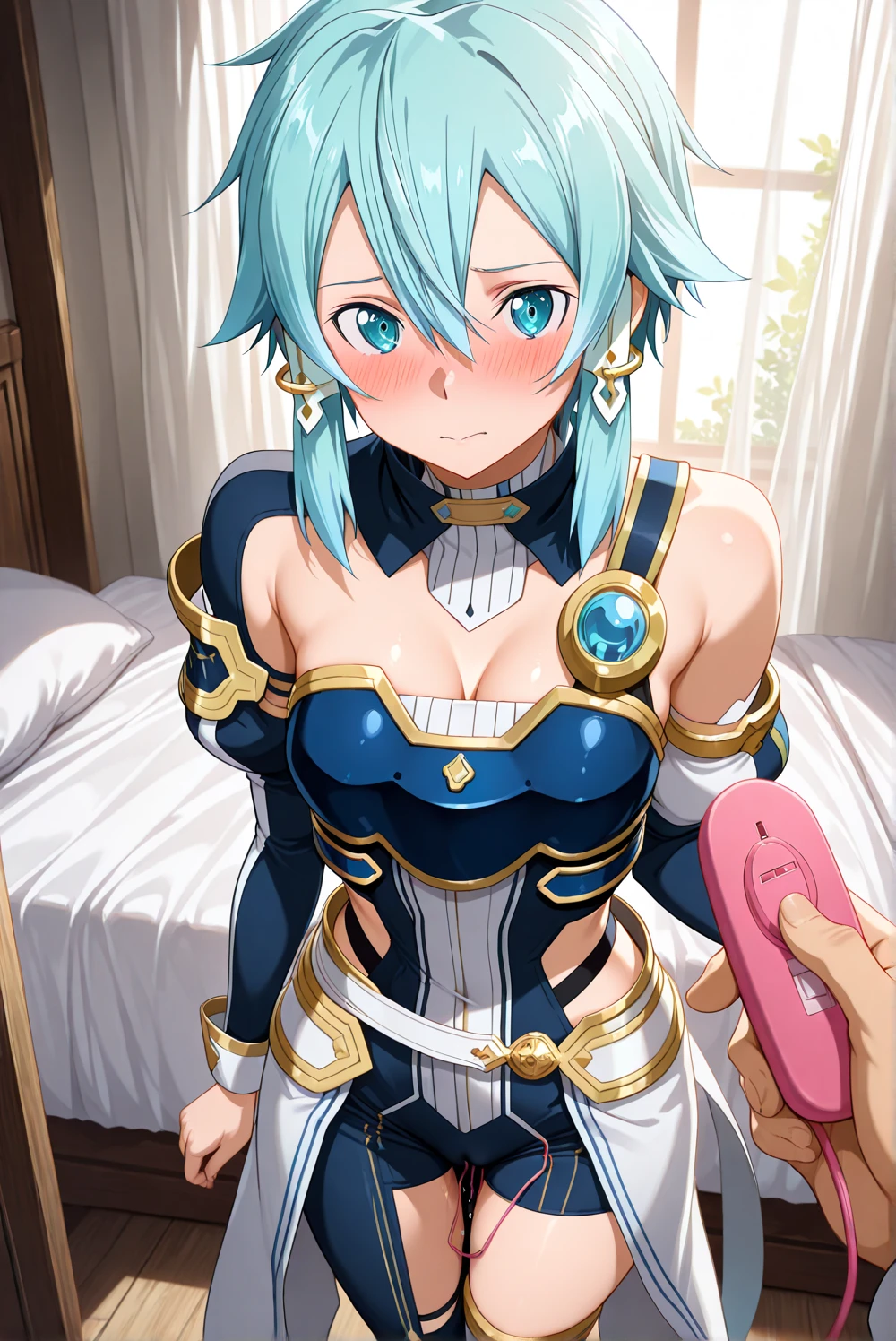 NSFW,masterpiece,Highest quality,High resolution,Super detailed,Sinon\(Sword Art Online\),Bare shoulders,Removable sleeves,Hand guard,leotard,Cape,Frilled mini skirt,gem, hair ornaments, Hair Clip,Thigh straps,Embarrassed,Surprised face,(Lust),(Estrus),blush,Fantasy,Adventurer&#39;s Guild,reception,(male),Arms are pulled,Being taken away