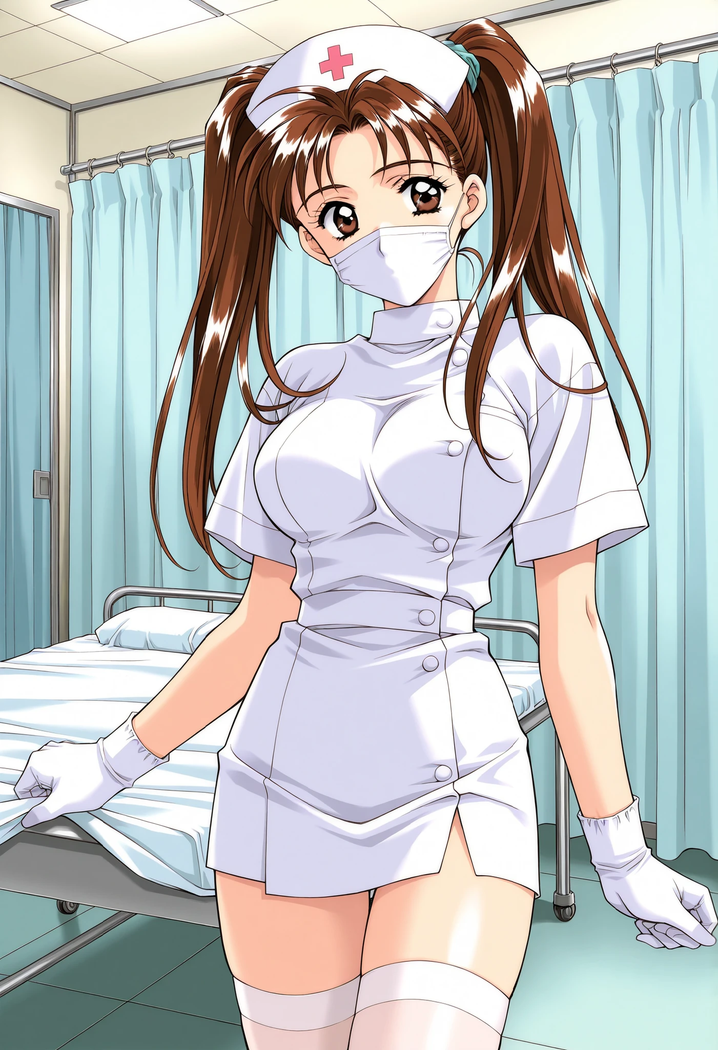Score_9, score_8_up, score_7_up, source_anime, KanouRyouko, 1girl, solo, twintails, brown hair, brown eyes, large breasts, 1990s (style), kadoi aya style, (best quality), (high quality), {masterpiece}, extremely delicate and beautiful, ultra-detailed, beautiful detailed eyes, nurse, nurse hat, ((white nurse's outfit)), white gloves, white thighhighs, hospital room, ((white mask, mouth mask, covered nose)), standing