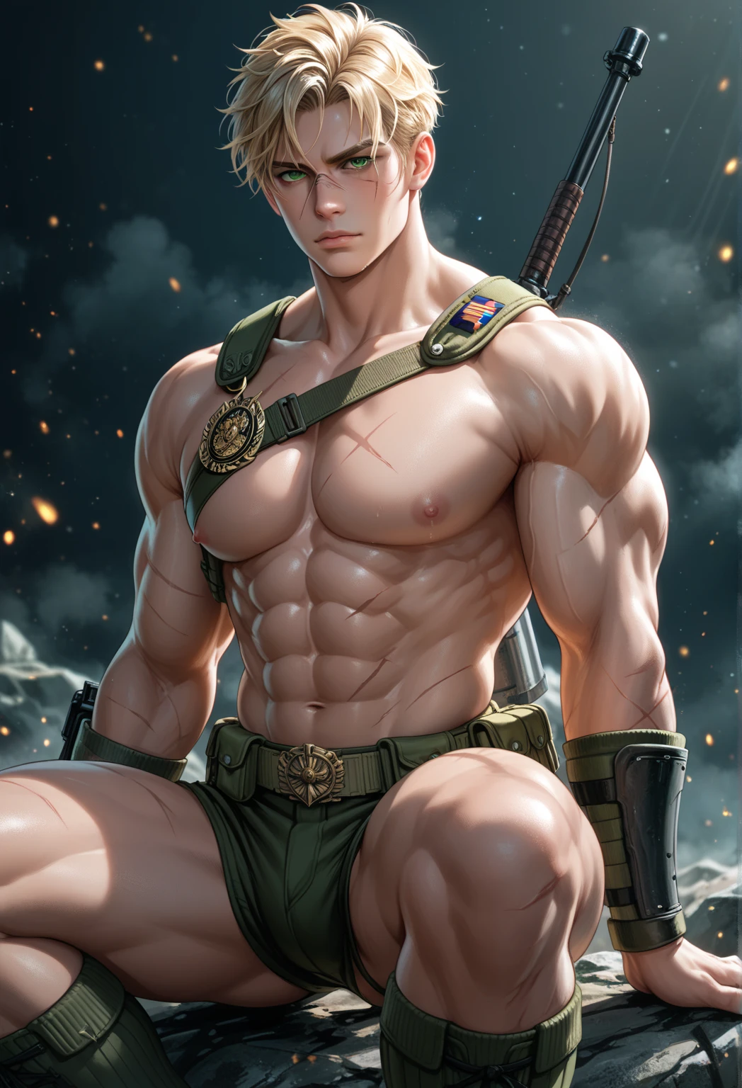 Huge muscles,A bulge in his crotch concealing a huge penis,Claude,Intense ,armor,Red Bandana,Green Globe,Hero Suit