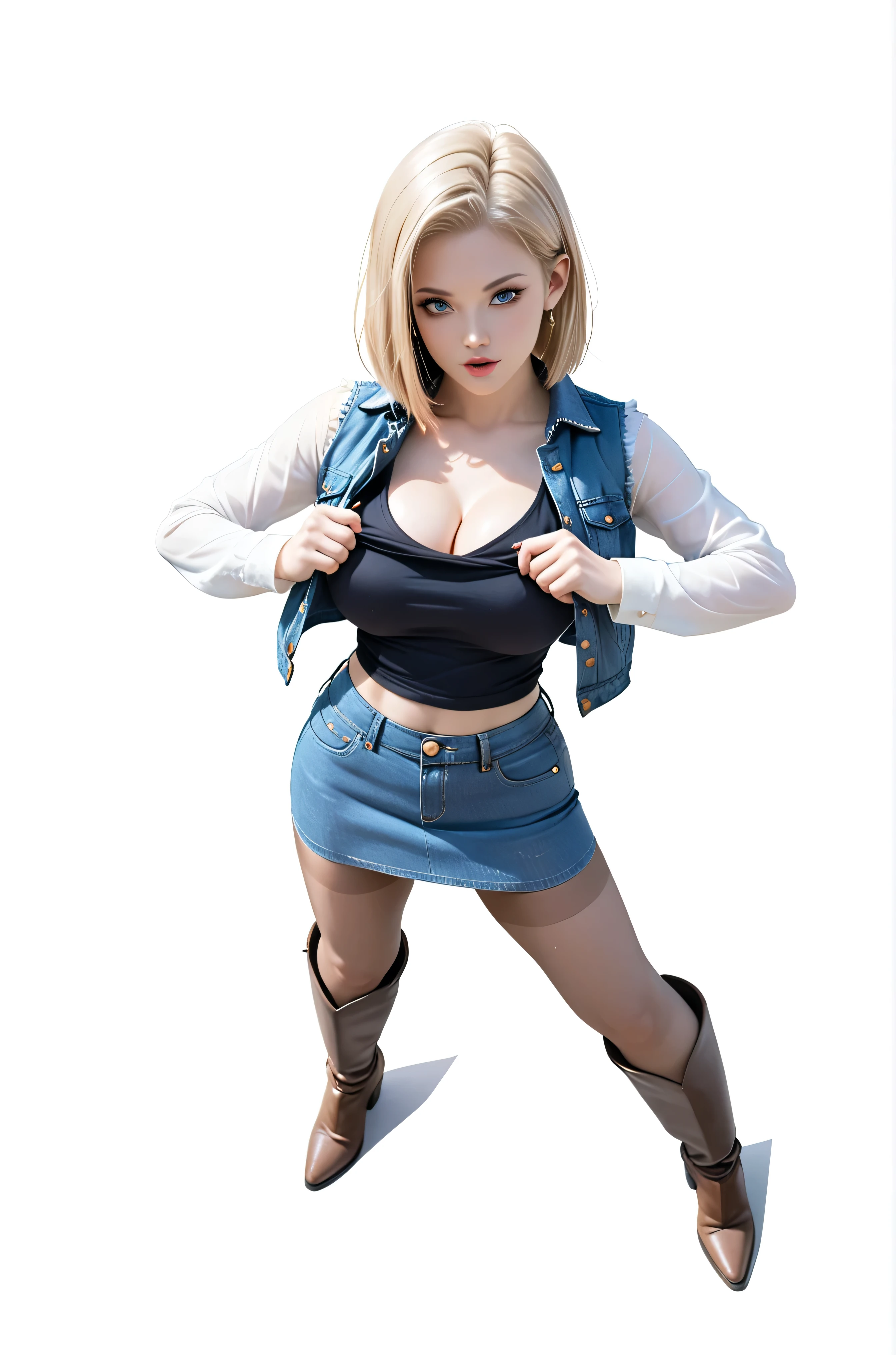 (One girl), (Android 18), (Her body and eyes face forward), ((She sat on the steps of the bench in the forest park and outsideand lifts one side of her denim mini skirt)), ((Intentionally holding the hem of the skirt with the one hand and pushing it up)), ((Her white sexy panty is visible)), (She looks intently at her boyfriend), (She looks straight at her boyfriend), (Blonde hair), (Sexy girl), (She wearing light blonde hair), (Medium length hush cut hair), (Her slender legs and stylish short western cow-girl boots are clearly visible under the mini denim skirt she is wearing), (She have Very large breasts bouncing), (Wearing a short blue H-line denim skirt), (Wearing a mini short denim vest), (The short mini vest she wears has three small circular buttons), (The denim skirt and denim vest colors match), (She Wear long sleeves), (Long sleeves with black stripes at regular intervals on a white background), (She wears flesh-colored illusion pantyhose), (The pantyhose she wears look like brown stockings), (She wore pantyhose and wore white panties over them), (No-belt), (Wearing women's Western cowboy-long boots), (Wearing a black t-shirt that exposes deep cleavage), (No bra), (Breast areolas outside a black T-shirt), (Clearly exposed), (She winks with her left eye), (Boldly and fascinatingly winks her left eye and stares at me intently), (Sat on the steps of the driveway outside the building), ((Masterpiece))