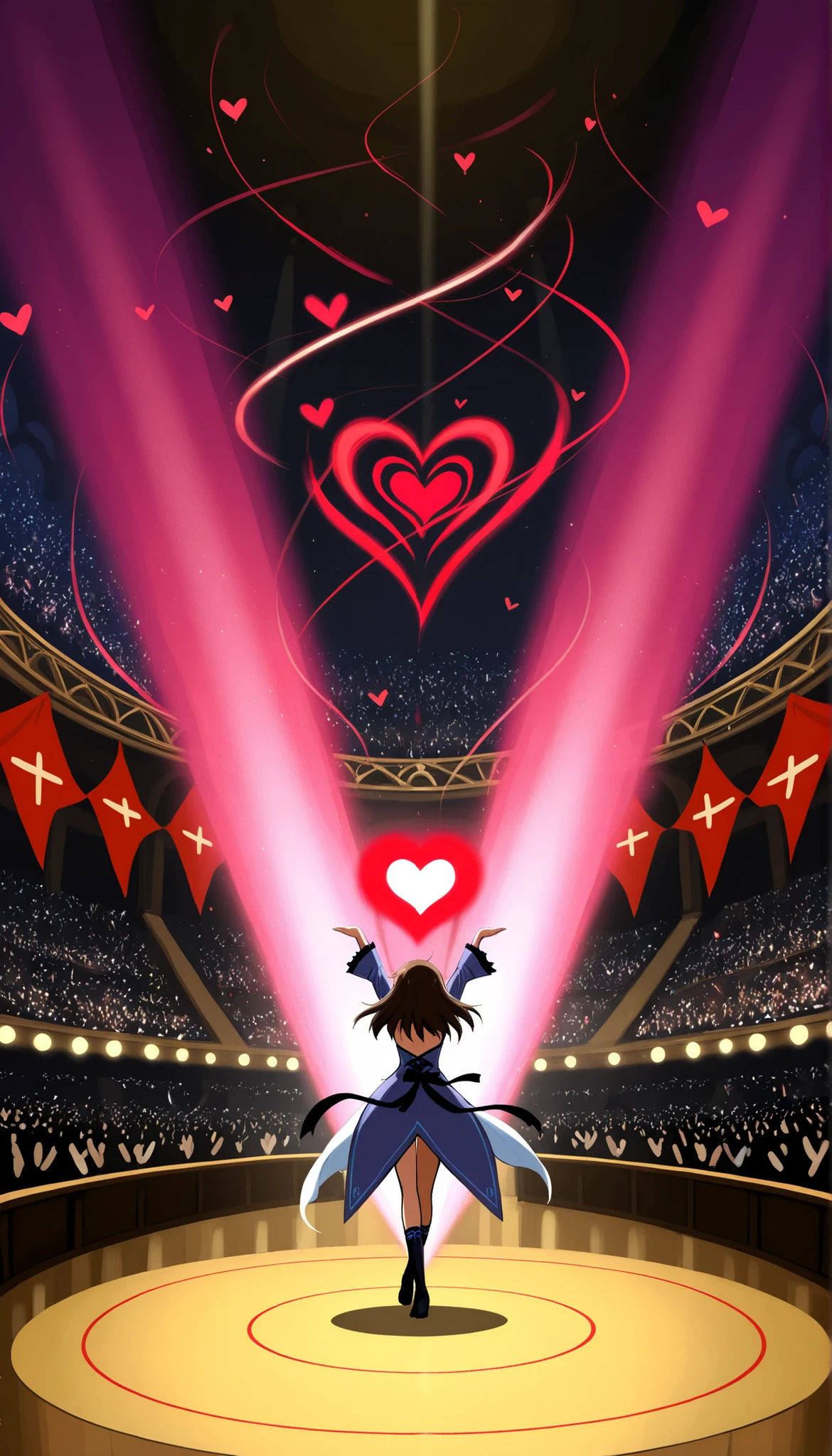 Ghibli-style animation, a concert by little witches, a mysterious atmosphere, audience members enchanted by magic, audience members in ecstasy, audience members dancing unsteadily with their hands raised, mysterious lighting, a female band dressed in witch costumes, purple mist covering the stage, red laser beams, back-up dancers dressed as ghosts, mist with many heart marks rising from the heads of the audience members