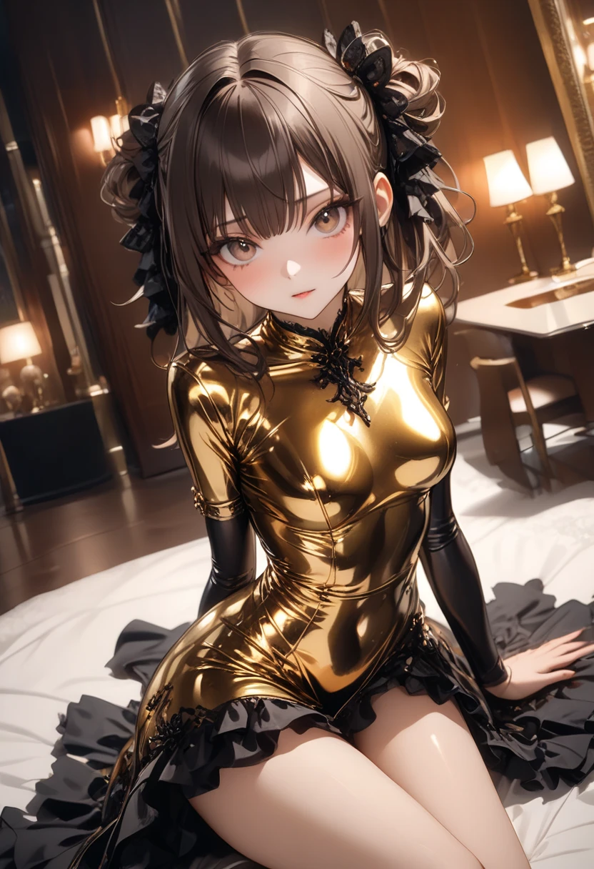 1girl,solo,(standard height),full body,standing,(black hair:1.4),short hair, (red hairband:1.2),hair ornament,(one side red butterfly ribbon),(yellow eyes:1.4),(beautiful fingers:1.6),(perfect anatomy:1.4),(arms_behind_back:1.6),(cold_shoulder:1.2),BREAK,(yellow leather lace glossy silk lamé playboy bunny:1.6),(purple pencil mini skirt:1.4),(latex luster shiny glossy metallic:1.6),(shiny_clothes:1.6),medium breasts,beautiful breasts,(masterpiece),best quality,(Ultra high definition eyes:1.2),8k,(Beautiful detailed eyes:1.2),(Fine and beautiful eyes:1.2),(pretty eyes:1.2),finely detail,extremely CG, absurdres,high resolution,illustration,Detailed and beautiful outlines,finely detail,high resolution,(colorful refraction:1.4,Increase saturation:1.2),beautiful lighting,dynamic lighting,closed room,black background,simple background, smile,looking at viewer,mio,gtold gloves,spider web print,sash,obi,(yellow rabbit ears:1.4),(yellow thigh boots:1.4),(white Clear PVC sheets sleeves:1.4),(sheer sleeves:1.4),(see-through sleeves:1.4),(wide sleeves:1.2)