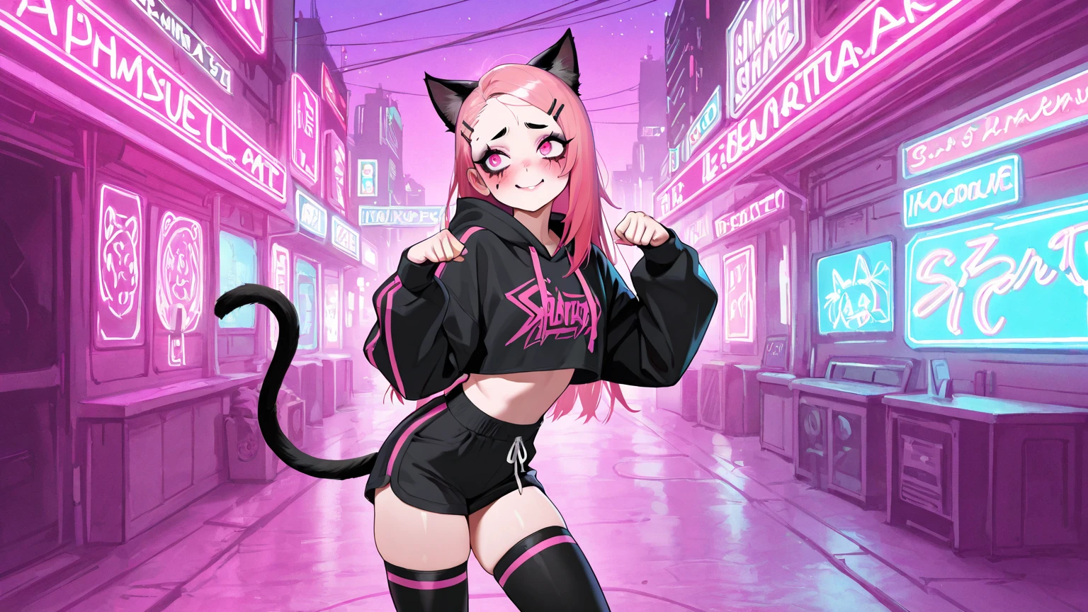 ((masterpiece)), (best quality), (1girl), (solo), ((standing straight up)), (posture), (full body), animal ears, long hair, pink hair, tail, gloves, (outdoors), ((sci fi cityscape)), (arena), cat ears, blue eyes, tail, shorts, thighhighs, bare shoulders, open mouth, bangs   <lora:aimi_30:0.8>