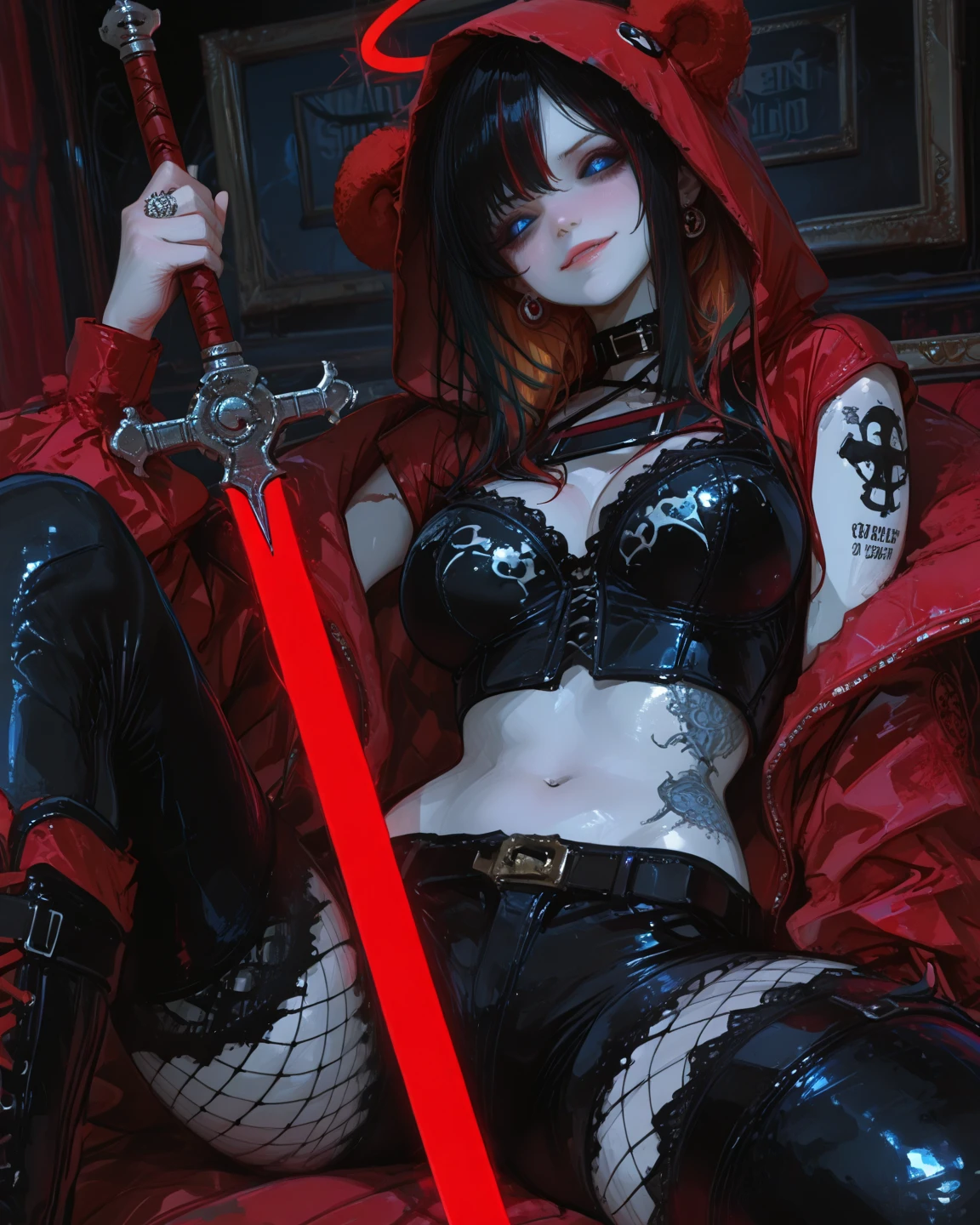 1girl, heavy goth makeup, fantasy character, cyberpunk horror, dark fantasy, navel, gothic mage, dark red eyes, bloody eyes, wounded, dripping blood, bloody knife, bloody leather top, leather pants