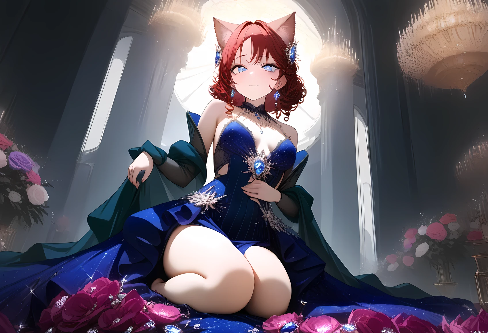 ((best quality)), ((masterpiece)), (detailed), perfect face, ((Best quality, 8k, Masterpiece: 1.3)), Sharp focus A beautiful woman with perfect body, Slim abdomen, gorgeous, dazzling, elegant, showy, Blooming flowers, twinkling stars, Low angle, cat ears, Expensive dress, Noble clothing, jewels (emeralds, diamonds, sapphires), Curly Hair, kneeling