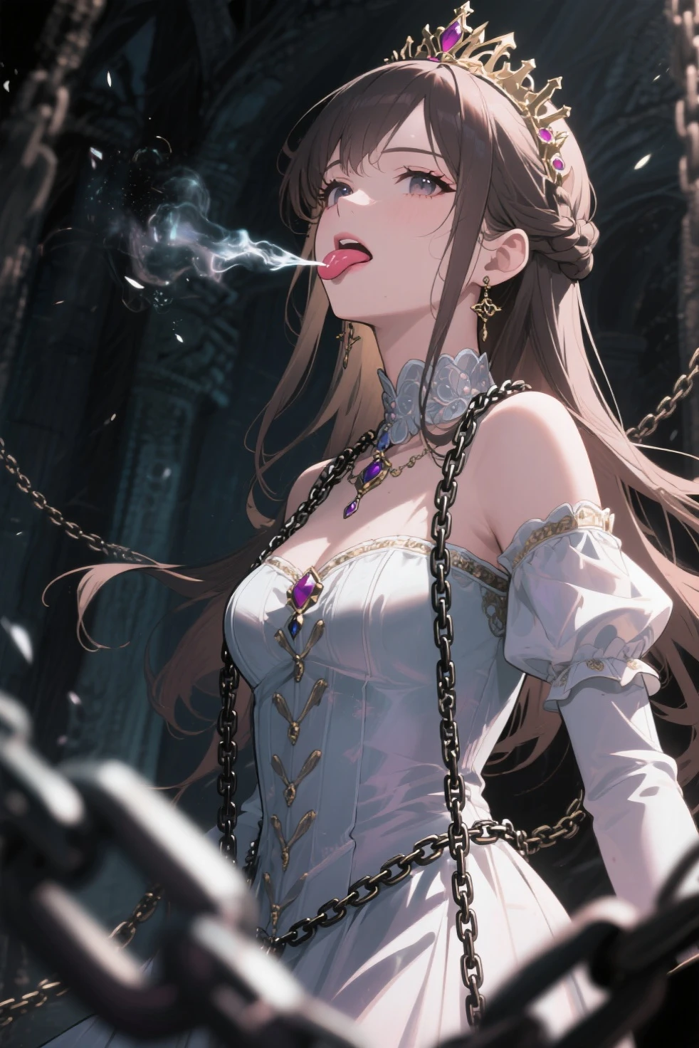 {(watercolor painting:1.2),(renaissance style:1.2)}, {hime cut}, BREAK, {erotic face,anguish,(very ecstasy:1.2),(writhing:1.4),embarrassing,half open eye},{(very obscene pose:1.2),(arched back:1.2),(arch one's head:1.4)}, {(dark_pink colored yukata:1.2), (chains fundoshi:1.2), (wet clothes:1.2)}, BREAK, {(many chains from the ceiling:1.4), (chain shibari:1.3),(chain bondage), (chain restraint),(wrap limbs with chains:1.8),(chain bind body),(chain in collar:1.2), confinement, shackles}, BREAK, {(2 woman:1, medium breasts, brown eyes, (lick each other, saliva), braid hair intricately)},{dynamic low angle view}, {(dark church glowing stained glass:1.2)}, BREAK,{(glowing tears:1.1),(captivating eyes),extremely detail hair, (pure white skin:1.1)}