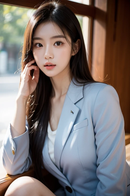 A girls for realistic pic the girls sit chir and the is blazer suit. the girl face natural cute young face .