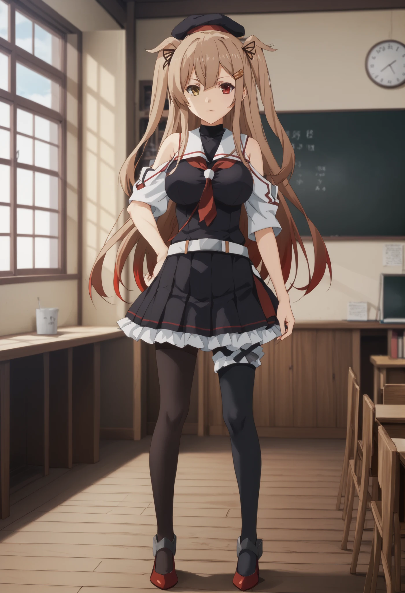 Murasame (KANCOLLE)、(Murayama Nikkantai collection), light brown hair, 1 girl, solo, long hair, chest,hair ornament, , Red right eye, yellow left eye,, ribbon, uniform, hair ribbon, pleated skirt, sailor suit, hair clip, black thigh high socks, transparent ear cover, Black Skirt, two side up, heterochromia, ruffle skirt, hair flap, Red Neckerchief, Asymmetric Legwear, black sailor suit, uneven leg attire, asymmetrical clothes, white belt,black headwear,heterochromia, beret,sailor collar,bear shoulder,Inside is black,, classroom background, Big Breasts, slender body, full body shape ,
