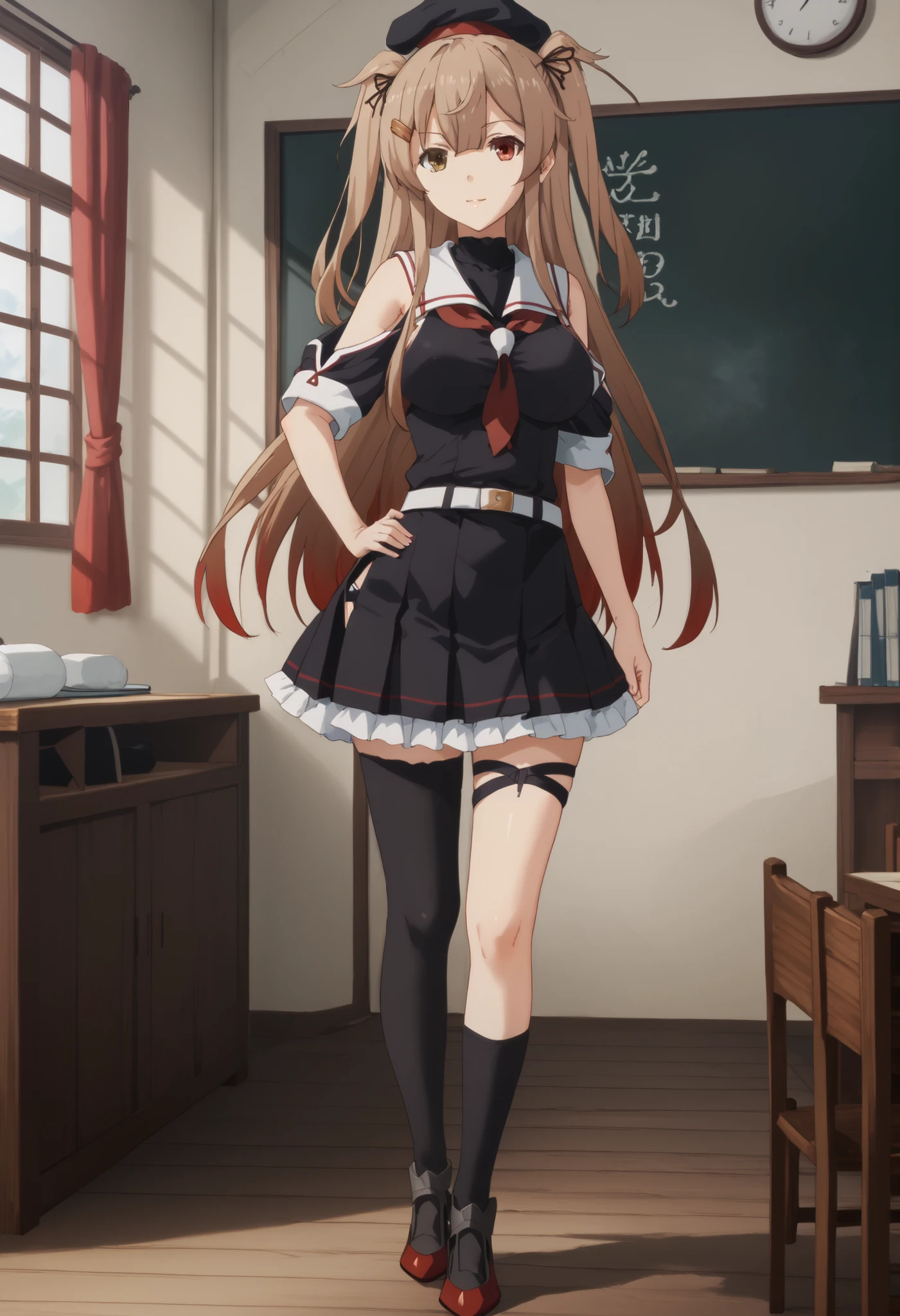 Murasame (KANCOLLE)、(Murayama Nikkantai collection), light brown hair, 1 girl, solo, long hair, chest,hair ornament, , Red right eye, yellow left eye,, ribbon, uniform, hair ribbon, pleated skirt, sailor suit, hair clip, black thigh high socks, transparent ear cover, Black Skirt, two side up, heterochromia, ruffle skirt, hair flap, Red Neckerchief, Asymmetric Legwear, black sailor suit, uneven leg attire, asymmetrical clothes, white belt,black headwear,heterochromia, beret,sailor collar,bear shoulder,Inside is black,, classroom background, Big Breasts, slender body, full body shape ,