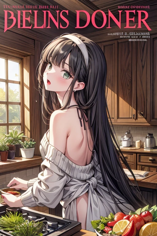 masterpiece, yor, 1girl, Amazing Cleavage:1.3, thin waist, big ass, Raised sexy, medium breast: 1.8 posed cleavage:1.2、solo, looking at viewer, open mouth, have a cup of coffee,black hair, red eyes, dress, bare shoulders, jewelry, collarbone, sidelocks, hairband, earrings, indoors, off shoulder, :o, sweater, arms behind back, plant, short hair with long locks, white hairband, off-shoulder dress, sweater dress, off-shoulder sweater, red sweater, big side hair, very long side hair,is rendered in (masterpiece: 1.2, best quality), with (ultra high resolution) and an exquisite (depth of field). This masterpiece is not only visually stunning but also tells, make of cake cooking ,in the kitchen
