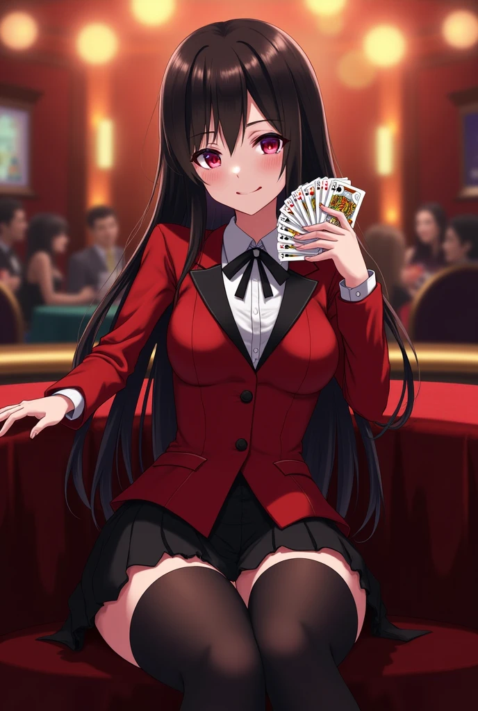 Very long hair, black hair, Jacket, Red_Jacket, Red_Eye, Bangs, School_, straight hair, blunt_Bangs, inside a casino, poker table, playing cards, looking down at the audience, big breasts, [[[[特写cleavage]]]Huge long saggy breasts, looking at the audience，cleavage],  whole body, crazy Eye, crazy, wide open Eye, glowing Eye, glossy lips, blush, satisfied expression, sexual arousal, obsessive facial expressions, crazy表情, hands out of frame, aldult, Mature, milf,