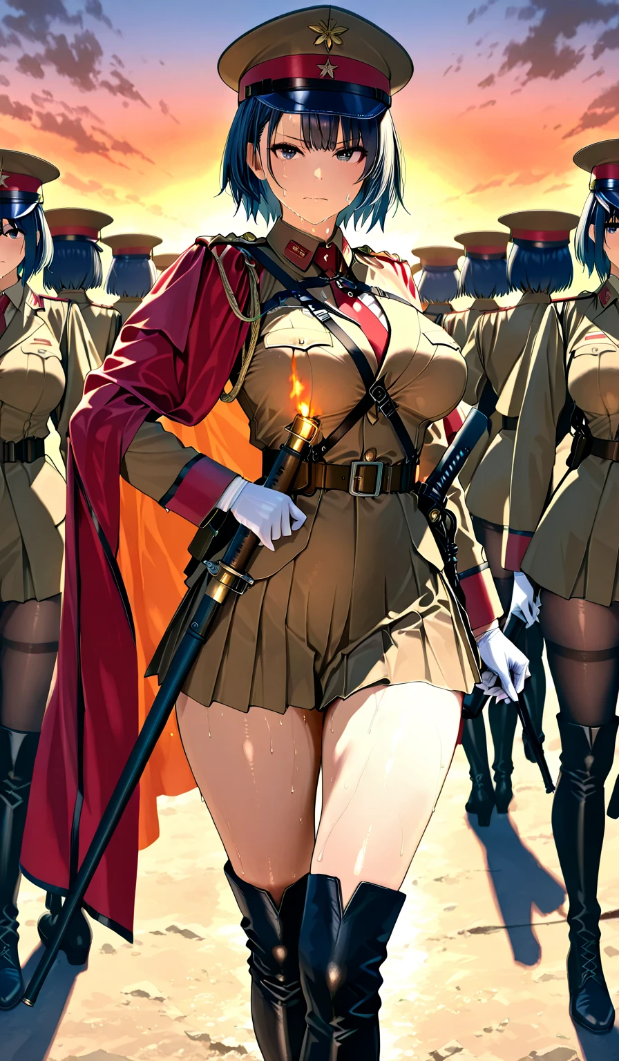 Tōdō,female soldiers、an army of many girls、soldier,   brown uniform、  clothes that accentuate breasts  、military style clothing 、 accentuates bust,、skirt for ears,,Highest Quality, 8k, super detail, photorealistic, masterpiece, Highest Quality, high resolution, Very cute skin   ,delicate, thighs,attractive、   dark blue short hair、black stockings、black long boots、He wears a red cloak on his left shoulder、"vintage Japanese post-war war movie poster style, heroic Japanese female officer in center foreground wearing WW2-style military uniform, surrounded by supporting female soldiers and key characters, dramatic composition, bold brushwork style or painted look, muted sepia or warm color palette, cinematic lighting, intense facial expressions, background shows battlefield smoke or rising sun motif, retro film poster layout, 1950s–1960s Japanese movie art style, no text"