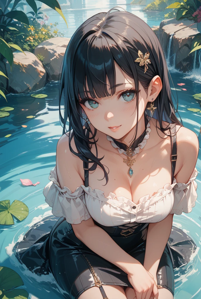 Best Quality, Masterpiece: 1.2, Ultra Detail,
1girl,
Seated in a lush garden,
Surrounded by blooming lotus flowers and colorful butterflies,
Long black hair cascading over her shoulders,
Inner blue hair peeking out as a unique accent,
Blue eyes sparkling Under the sunlight,
Cute figure with generously proportioned breasts.
--s2