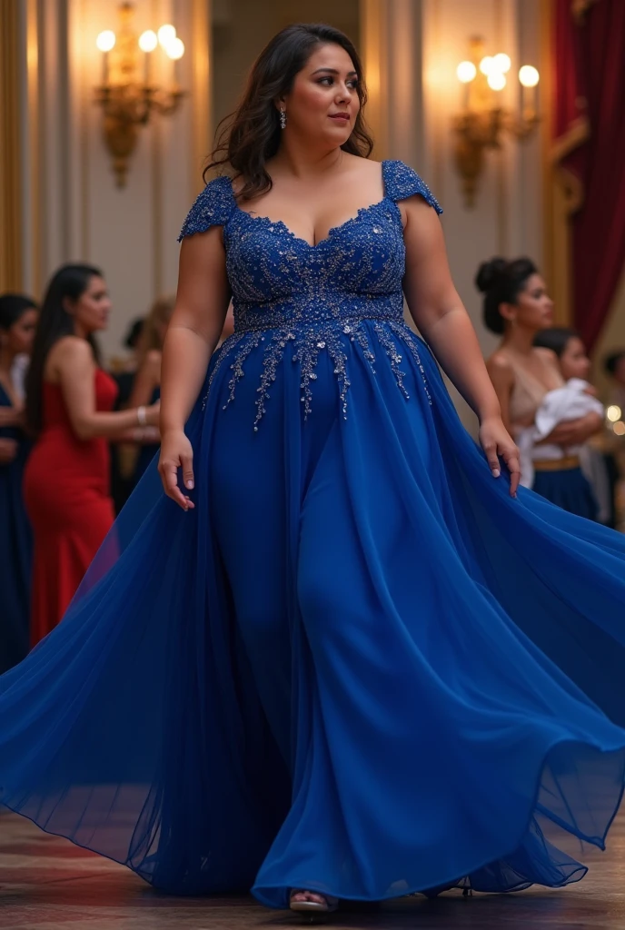 A confident plus-size model, her skin glowing, struts down the runway in a shimmering Siriano gown. The dress, with its cascading layers and sequined details, accentuates her curves, making her shine with every step. The runway, set against a backdrop of golden sunsets, captures the essence of self-love. A Canon EOS R6 with a Canon RF 85mm F1.2L USM lens would crystallize her radiant aura and the gown's intricate details. 4k