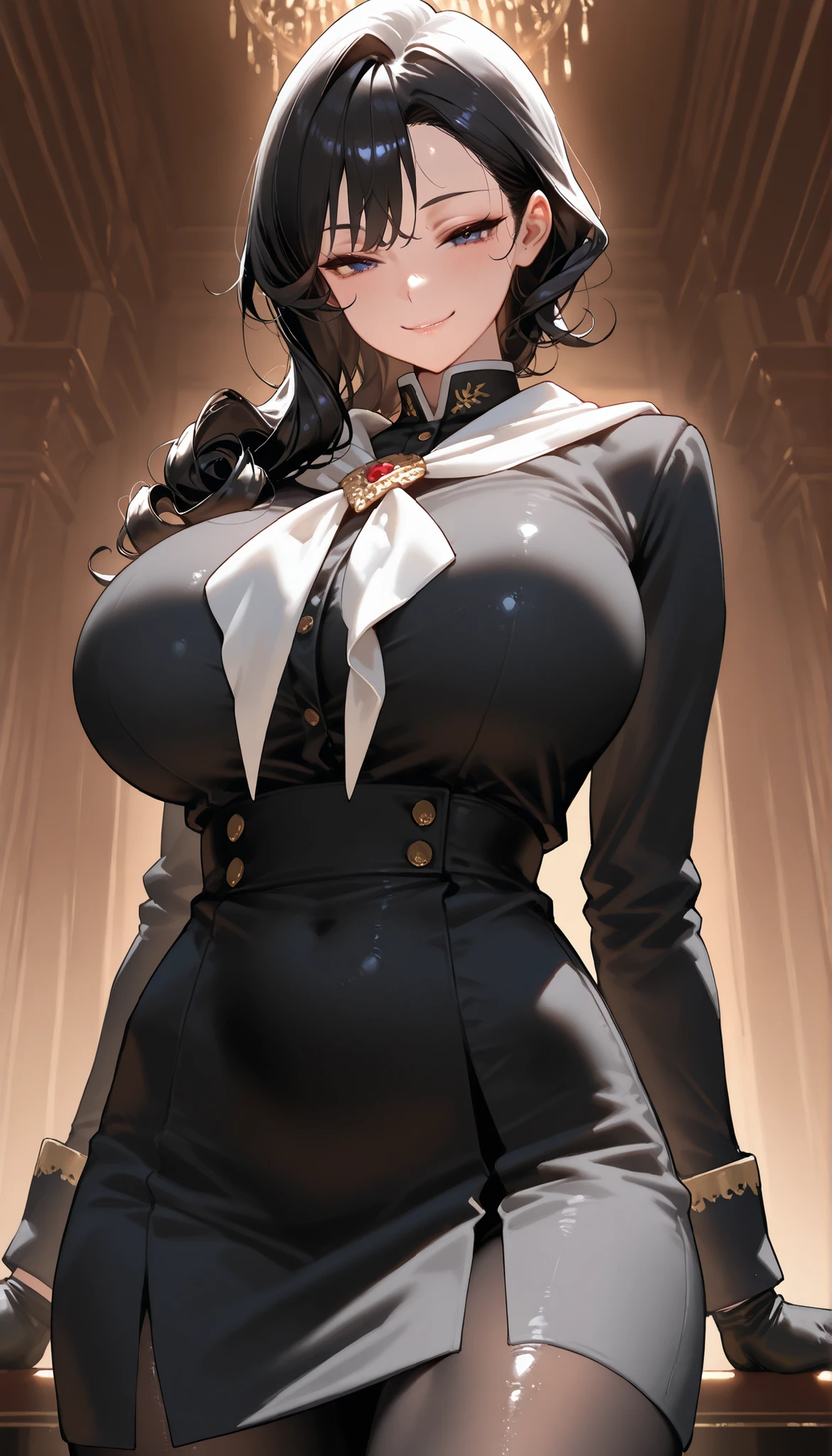 Two Girls, Couple, bangs, salute, Hands on hips, Gold earrings, Large Breasts, jewelry, military cap, (uniform), (epaulet), Jacket, Harness, Thigh straps, Black thigh-high boots, (Pencil Skirt), mini skirt, corruption, (Dark skinned women, Dark Skin:1.3), Hollow Eyes, Half-closed eyes, Wicked Smile, No students, Grin, ((Mature Woman)), Mature Woman, Married women, (Dark Theme:1.2), Dark person, Huge Saggy Tits, Skin Dentition, Chubby, Sensual, Thick thighs, Wide Hips, from the front, (chromatic aberration, Intricate details), Dynamic Angle、Grin、With a creepy smile, A smile with downturned corners,