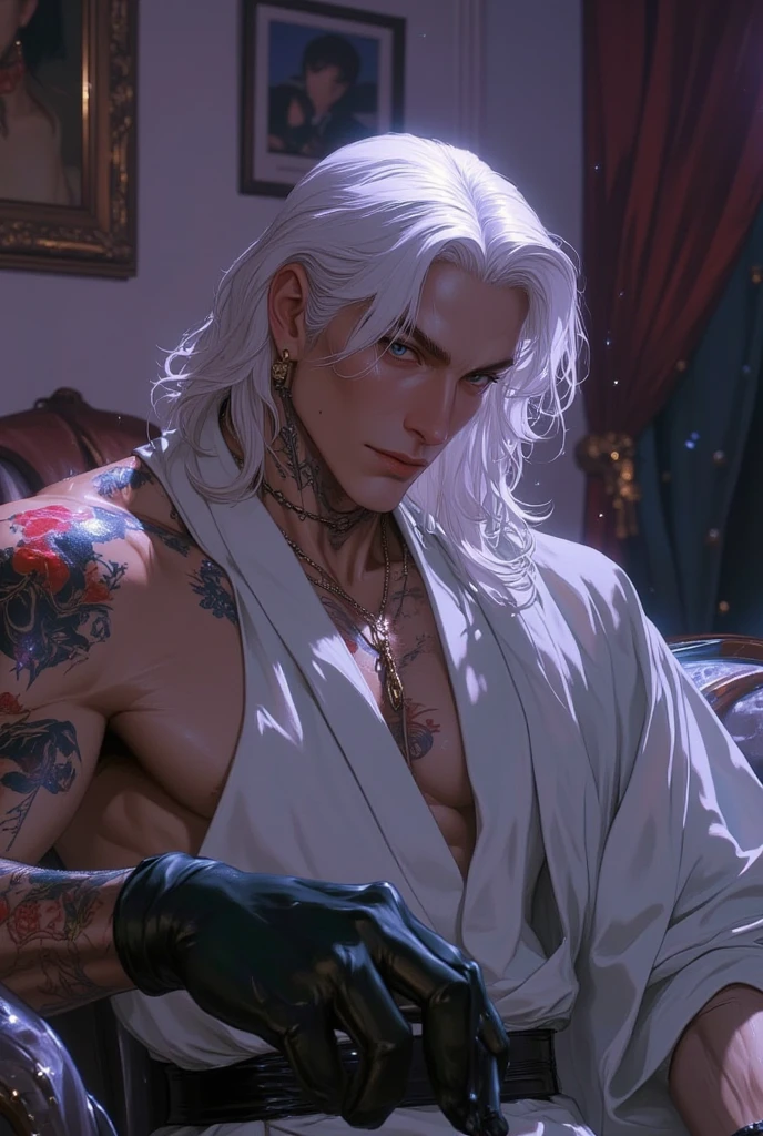 8k, sophisticated, elegant, Highly detailed, majestic, digital photography, Surreal painting, magic, magic, fairy tale, (Masterpiece, side light), hdr, (Bright blue eyes)), Naked upper body, (shiny tattoo), Handsome adult man, long beautiful straight platinum hair below the shoulders, Muscular, tanned skin, Handsome, in front of the camera, a masterpiece. realistic. full-length image. Long hair below the shoulders. grey clothes. an adult male. Realistic image. Masterpiece, beautiful face, beautiful facial features, perfect image, realistic photos, full-length image, 8k, detailed image, extremely detailed illustration, a real masterpiece of the highest quality, with careful drawing. Realistic image. 