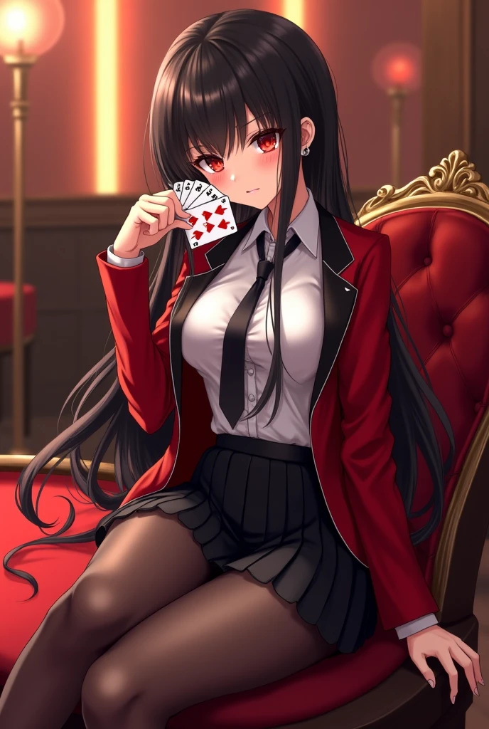 Yumeko Jabami from the anime Kakegurui, red eyes, evil smile, detailed school uniform with red coat, white shirt, gray plaid skirt, black tights and brown shoes, immersive playing cards, photorealistic, highly detailed, 8k, intricate, vibrant colors , dramatic lighting, sound composition