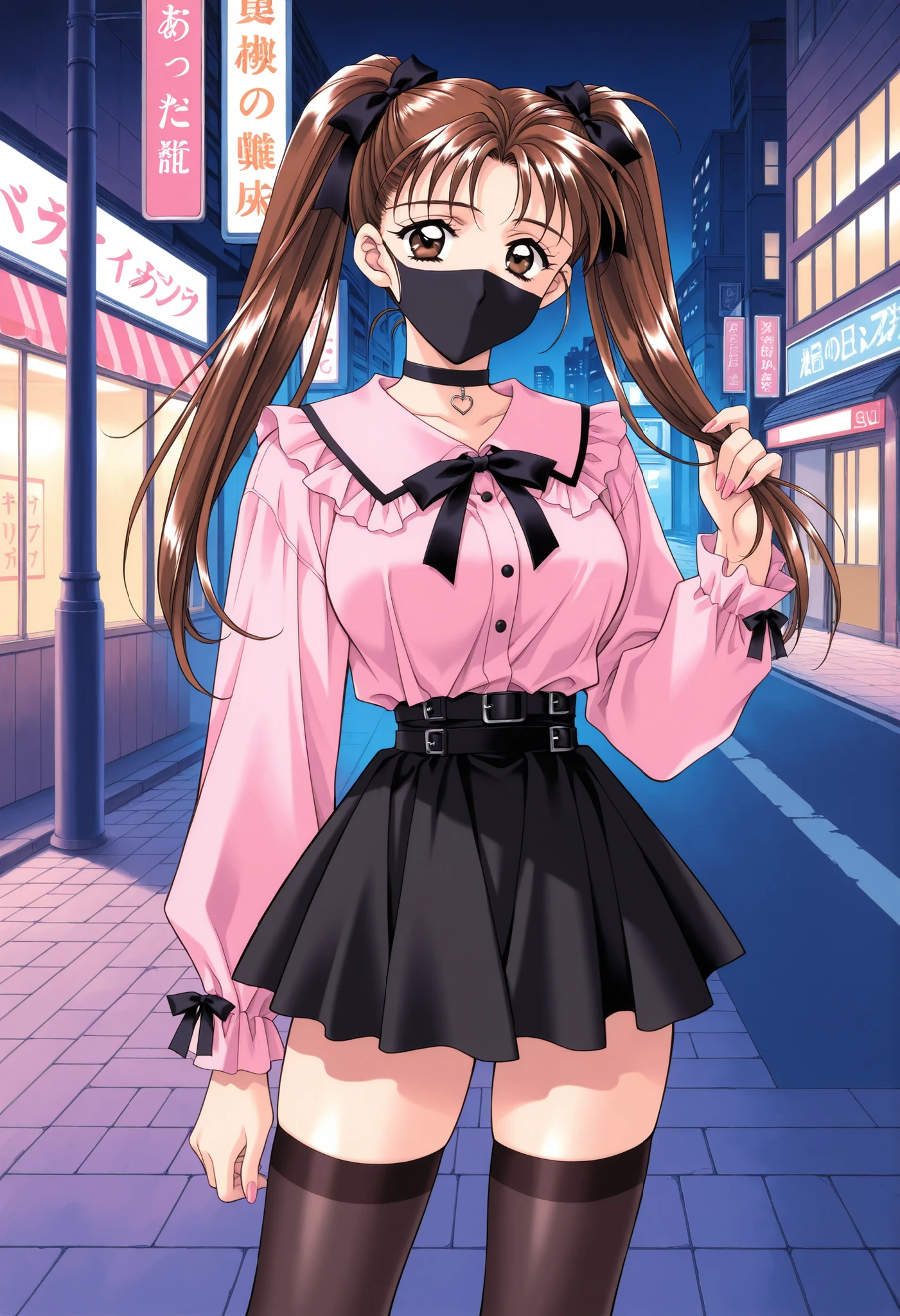 Score_9, score_8_up, score_7_up, source_anime, KanouRyouko, 1girl, solo, twintails, brown hair, brown eyes, large breasts, 1990s (style), kadoi aya style, (best quality), (high quality), {masterpiece}, extremely delicate and beautiful, ultra-detailed, beautiful detailed eyes, jirai kei, pink shirt, black skirt, black choker, black thighhighs, shibuya, street, night, ((black mask, mouth mask, covered nose)), standing