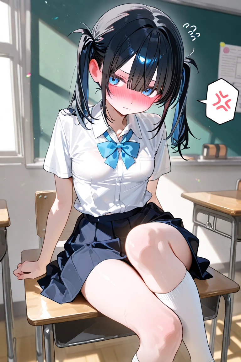 1girl,sincos, ningen mame, toosaka asagi,solo,medium breasts,,short sleeves, mesugaki, smile, looking at viewer, blush, hand up, skin fang,dutch angle, feet out of frame, looking up, blue hair, red eyes,fingersmile, staircase, open mouth, twintails hair,, best quality, very aesthetic, absurdres(masterpiece, 4K resolution, Ultra-realistic, Very detailed), girl、、12 years old、naby blazer、Sit on a chair、classroom、smile、Black Hair、Side Ponytail、Brown eyes,holding panties,presenting panties,Perfect Fingers、tie,white panties