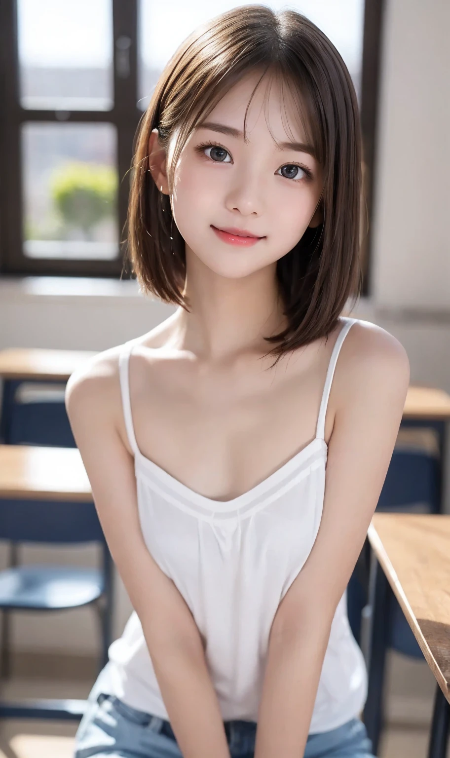 Top image quality、超A high resolution、masutepiece、Photoquality(photographrealistic:1.8)、Delicate skin texture、accuracy、Japan women、17 age、Girl Smile、A dark-haired、Cute dimples、Non-makeup、Hair to the nape、straight haired、Boyish girl、I am an honors student、Slender girl、Smaller chest、Flat-breasted、laugh face、Have a good laugh、Look straight at me、hi-school girl、white tank tops、V-shaped chest、see -through、Underwear see-through、Pink Girls Racing Brief、 By the window of the classroom、Put your feet on the chair、laugh face、Have a good laugh、Facing the front、reflective light、