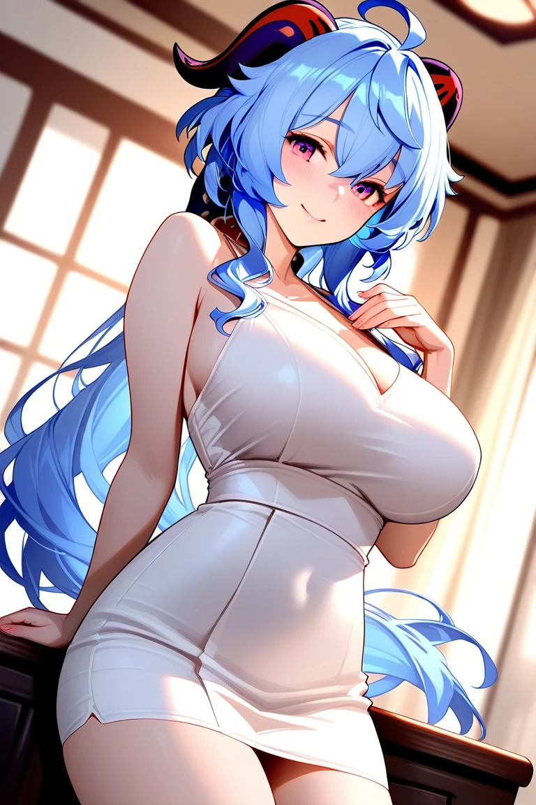 ((obra maestra)), ((mejor calidad)), (ultra detallado), ((extremadamente detallado)), 4k, (8K), mejor calidad, (Hermoso), estilo animado, mirar hacia arriba desde abajo, bar, Noche, una chica guapa, 1 chica, solo, traje, Hermoso rainbow hair, Hermoso blue eyes, ((Hermoso eyes)), De piel blanca, pendientes, cuello, sonrisa