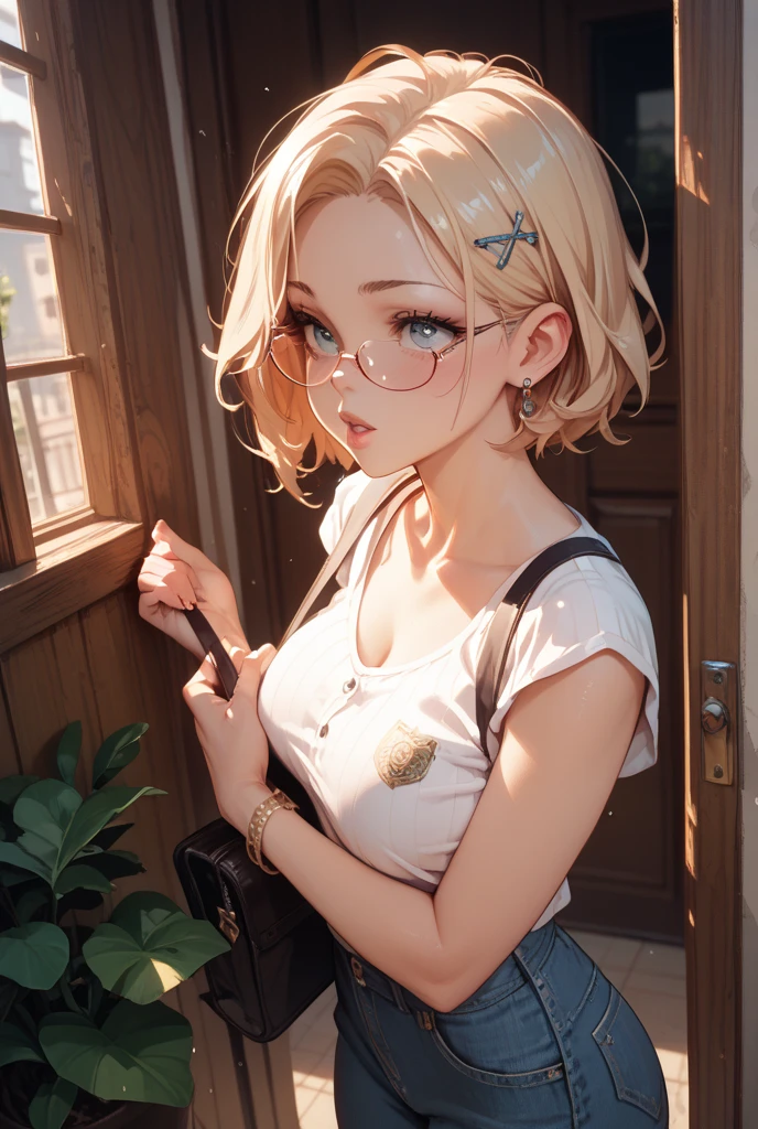 High resolution, Highest quality,  super high quality, Very detailed, 8k、(underwear:1.2)、、Embarrassing、Sweaty、Sweat、Embarrassing、(masterpiece:1.2, Highest quality), (Realistic, photoRealistic:1.4), Beautiful illustrations, (Natural Side Lighting, Cinema Lighting), View your audience, whole body, 1 girl, Japanese, high school girl, Perfect Face, Cute and symmetrical face, Glowing Skin, Baby Face, (short hair, Low Twintails,blonde), Hair between the eyes, black eye, Big eyes, Droopy eyes, (Center of chest, Captivating thighs, Big Ass)、(Glasses:1.2)