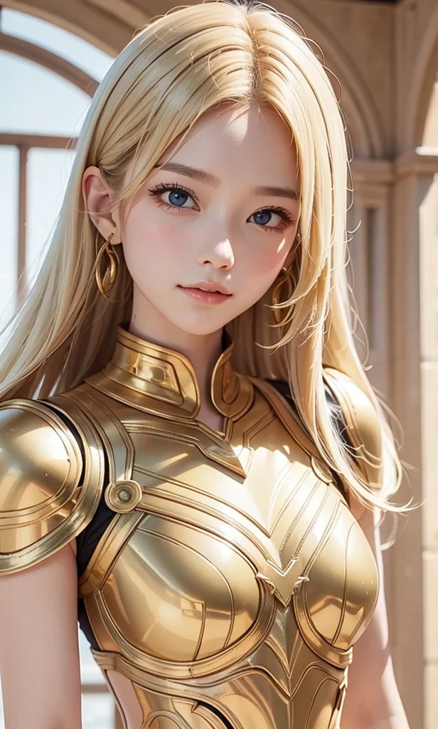 Ultra HD、Ultra-clear、Beautiful Face、Warrior in unicorn armor、Covered entirely in golden armor、Holy knight in golden armor、Golden armor with ornate carvings covering the entire body、Heavy golden armor、crystal clear green eyes、Silver Hair、Big Tits、Outer space background、