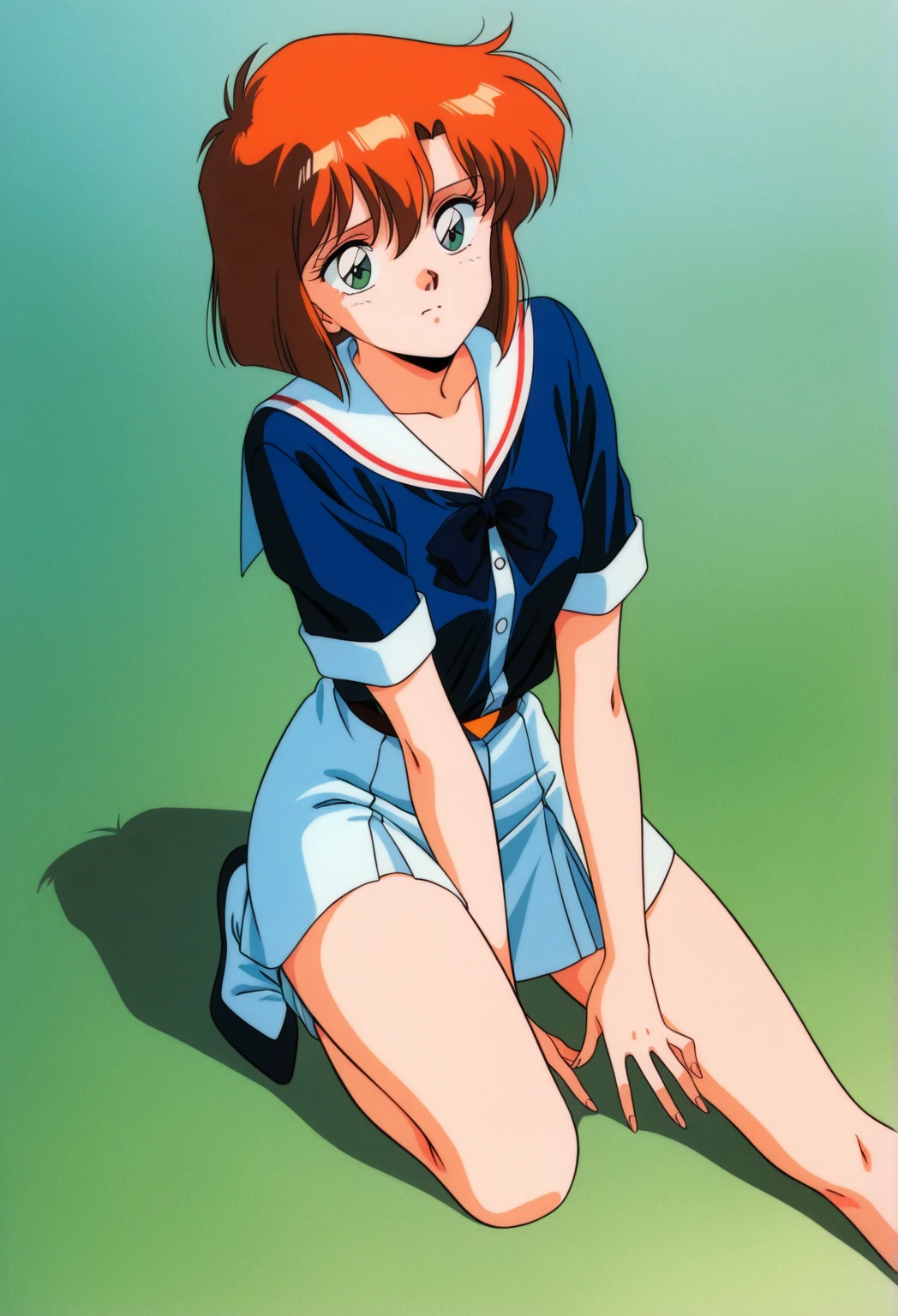 1girls, masterpiece, highest quality, disorganized, retro artstyle, 1980s \(style\)))), look viewer, (((sailor uniform))), (esper_mami), (((scoolgirl uniform))), knee shot, full blush, (((white Panties))),, Take a look here, view audience, short hair, 2girls, nsfw, Genitals are visible, (((See here))), (Japanese girl showing off panties:1.1), look viewer, from below, (((a girl, Flying in the air in a sailor uniform, from the knees up, overlooking the cityscape below,))),