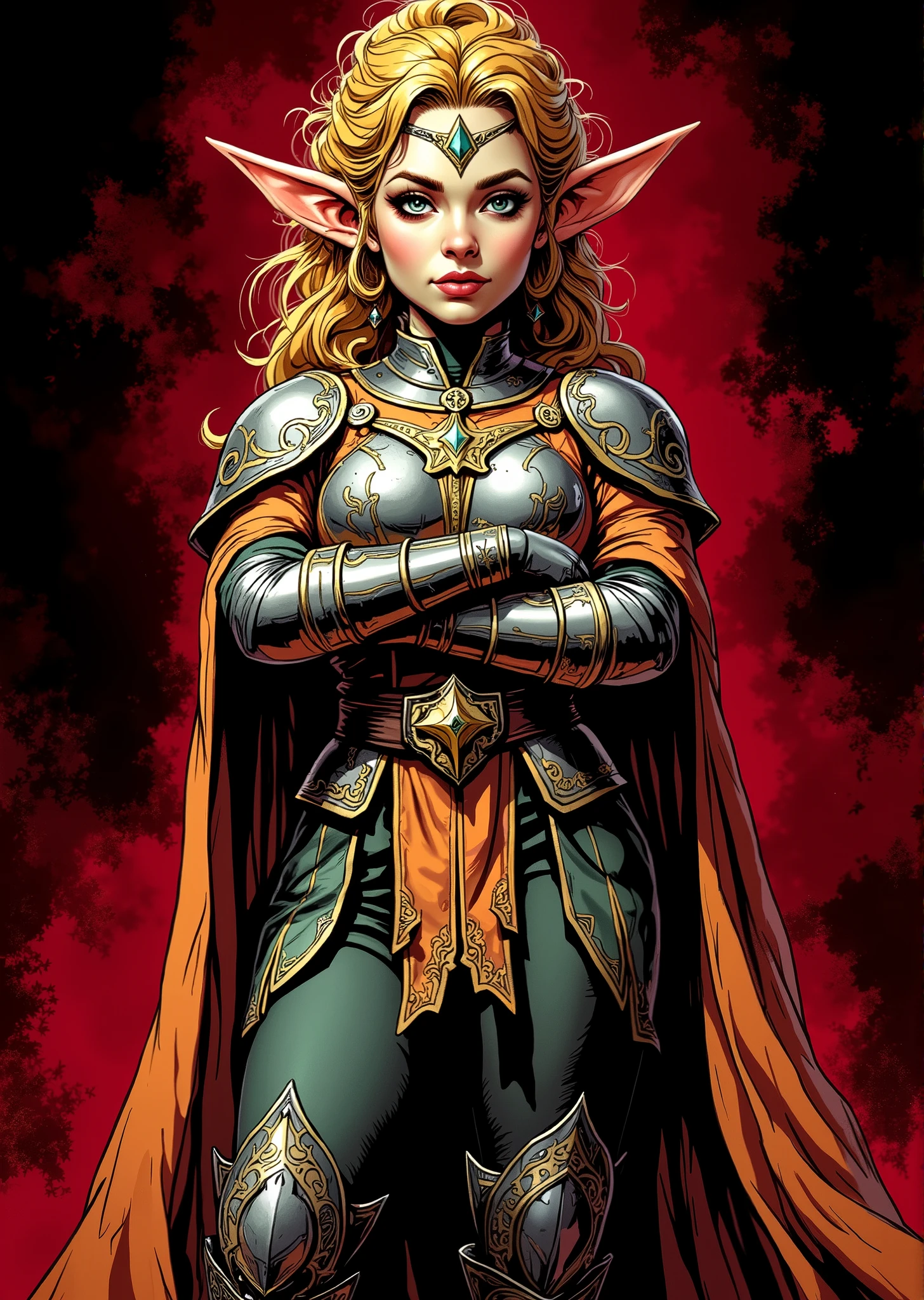 An extremely detailed comic book illustration of a stunningly beautiful extremely curvaceous Gnome from Dungeons and Dragons petite magical folk with big eyes and pointed ears created by gods of invention and illusion seldom seen by other folk due to the gnomes' secretive nature and their propensity for living in forests and burrows making up for their small size with the cleverness trained as a Cleric following worshiping a Goddess of War Honorable Combat and Strategy able to draw power from the realms of the gods and harness it to work miracles wearing a sturdy intricately designed chest plate that features ornate patterns suggesting a high level of craftsmanship with a metallic sheen likely made from a combination of steel and magical materials with sleeves adorned with lighter flexible armor that allows for movement while the gauntlets are robust providing protection to the forearms and decorative elements that match the chest plate with a cape flowing from the shoulders billowing dramatically that appears to be made from a rich shimmering fabric with a slight glow indicating it is possibly imbued with magical properties over fitted leggings reinforced with protective armor pieces with intricate designs that complement the upper armor and emphasize her extremely long legs with a belt cinching her waist in an art style inspired by Frank Miller and Conan the Barbarian. Overall, the outfit conveys a sense of authority and strength, blending functionality with aesthetic appeal, ideal for a character in a fantastical setting. The Background is awash in dark moody textured brushstrokes of blood red shades. Standing in a dynamic action pose. Trending on Art Station.