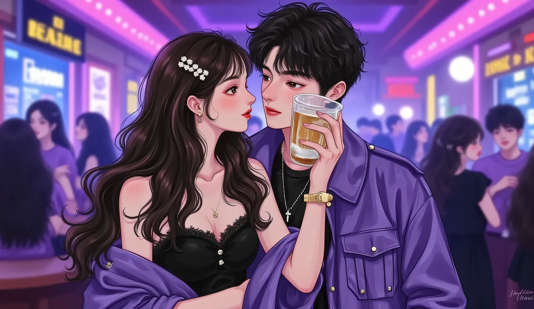A semi-realistic manhwa style illustration. Inside a stylish bar with neon lights (purple and blue glow), a breathtakingly beautiful young woman with straight silky black hair and soft Douyin makeup (glowing skin, glossy lips, flushed cheeks) leans slightly tipsy against a tall, extremely handsome man with tousled black hair and cold deep eyes. He wraps one arm possessively around her waist, his other hand casually holding a glass of whiskey. Their bodies are close, faces inches apart, intense chemistry fills the air. The background is blurred with colorful lights and silhouettes of the crowd. Extremely attractive and cinematic atmosphere. --v 6 --ar 9:16 --style semi-realistic --quality 2 --cinematic lighting