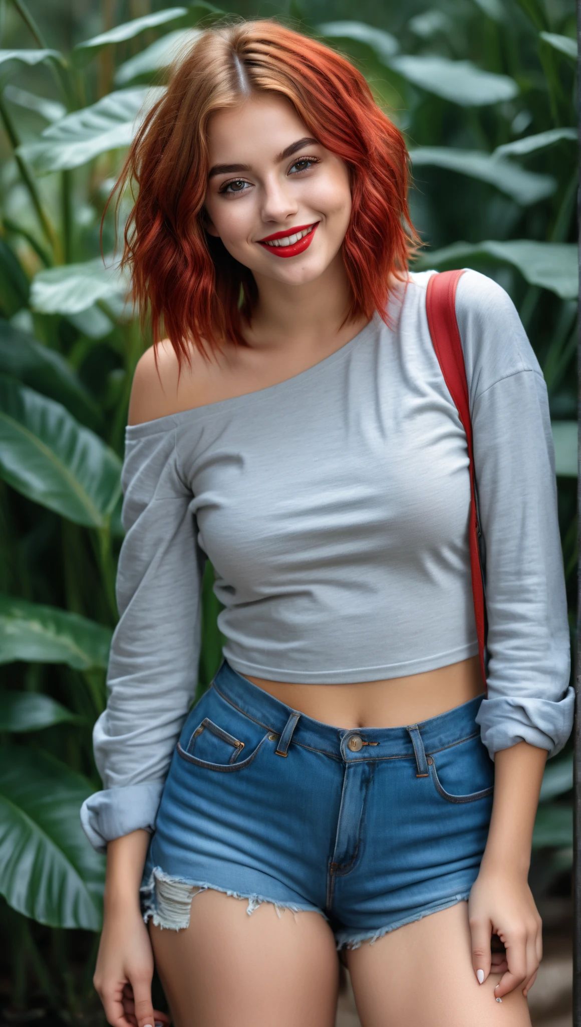 1girl, redhead, pink hair, short hair, heart necklace, freckled, bangs, green eyes, pink lips, red nails, short blue denim short and red top, cutoffs, offshoulder crop top, long sleeves, a heart necklace on her neck, navel, smiling, high quality, masterpiece, 8k, sharp focus, city background, full body visible, 4k, high-res, full body visible <lora:sienna02:0.5>