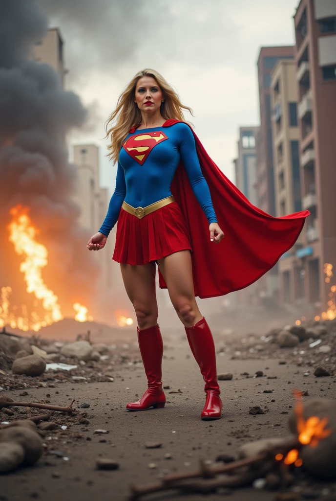 photo supergirl short red hair blue eyes very beautiful arms on hips laughing while a car at full speed runs over her, destroying its front part at the moment of impact and she remains standing in contact with the car surrounded by twisted iron inside the front part 