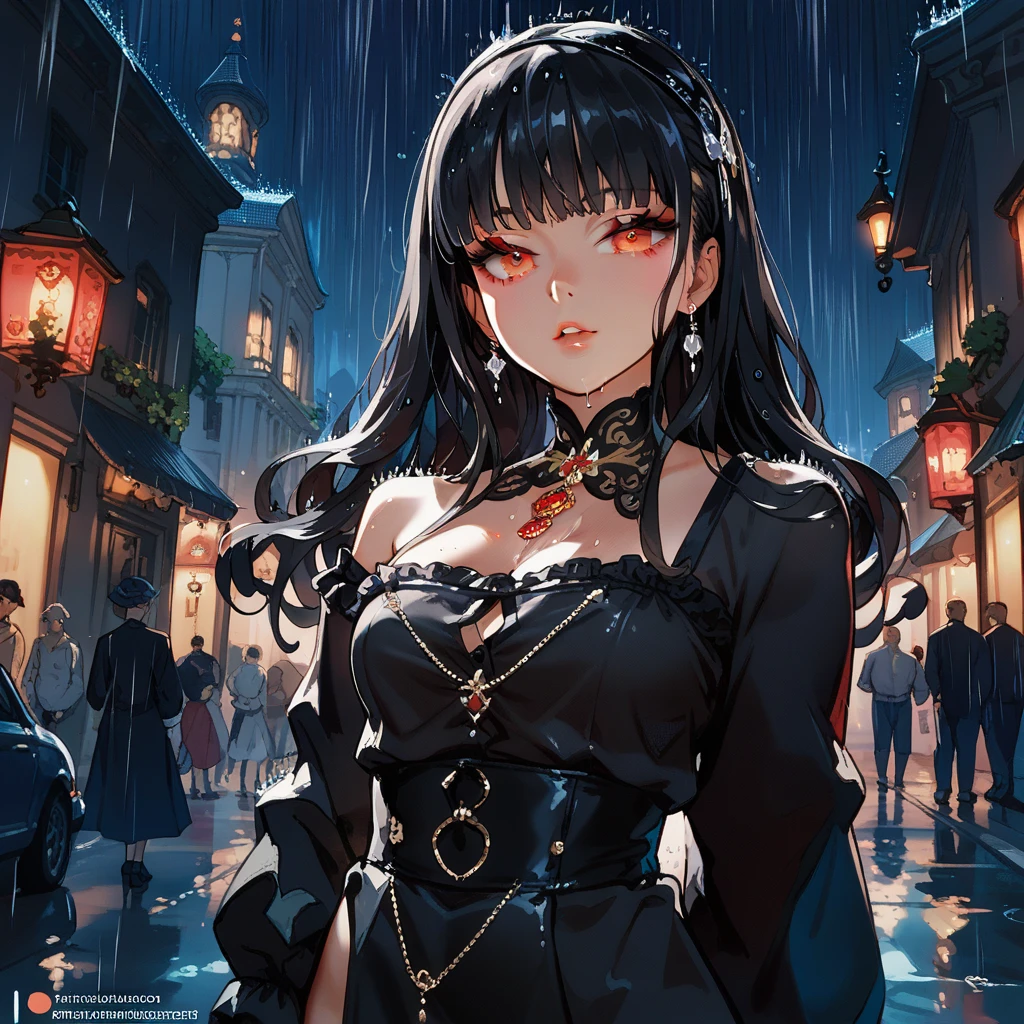KirukiruAmou, (black hair, long hair, black eyes:1.4),  breasts, gloves, mole, wet, large_breasts, cleavage, purple_eyes, looking_at_viewer, black_gloves, 1girl, bare_shoulders, long_hair, wet_clothes, mole_on_breast, mole_under_eye, hand_on_hip, purple_hair, rain, ribbon, bangs, water, outdoors, horns, cloud, hair_ribbon, black_hair, lips, sky, see-through, smile, red_ribbon, hair_ornament, dress, corset