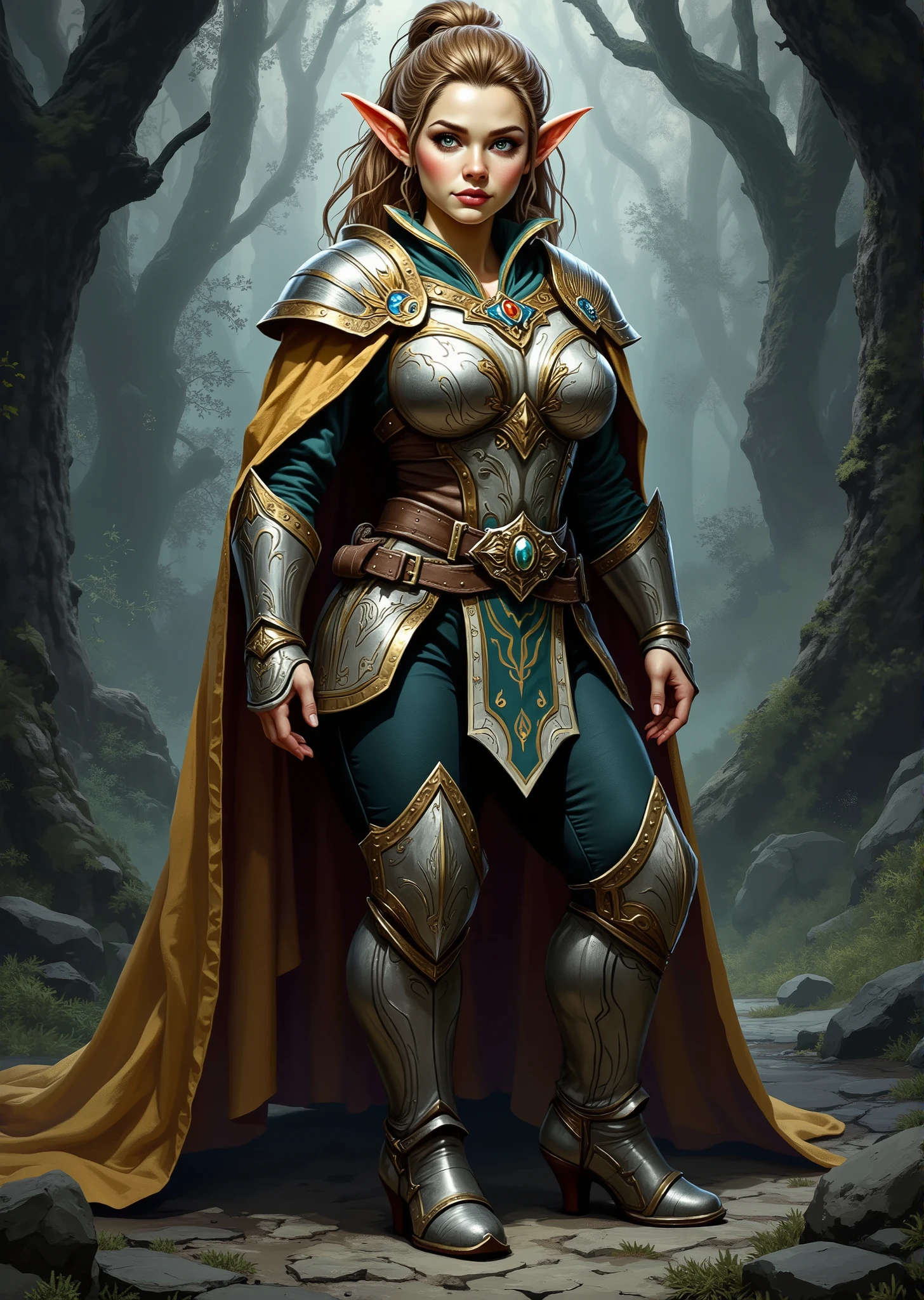 An extremely detailed comic book illustration of a stunningly beautiful extremely curvaceous Gnome from Dungeons and Dragons petite magical folk with big eyes and pointed ears created by gods of invention and illusion seldom seen by other folk due to the gnomes' secretive nature and their propensity for living in forests and burrows making up for their small size with the cleverness trained as a Cleric following worshiping a Goddess of Trickery Violence and Madness able to draw power from the realms of the gods and harness it to work miracles wearing a sturdy intricately designed chest plate that features ornate patterns suggesting a high level of craftsmanship with a metallic sheen likely made from a combination of steel and magical materials with sleeves adorned with lighter flexible armor that allows for movement while the gauntlets are robust providing protection to the forearms and decorative elements that match the chest plate with a cape flowing from the shoulders billowing dramatically that appears to be made from a rich shimmering fabric with a slight glow indicating it is possibly imbued with magical properties over fitted leggings reinforced with protective armor pieces with intricate designs that complement the upper armor and emphasize her extremely long legs with a belt cinching her waist in an art style inspired by Frank Miller and Conan the Barbarian. Overall, the outfit conveys a sense of authority and strength, blending functionality with aesthetic appeal, ideal for a character in a fantastical setting. The Background is awash in textured brushstrokes of dark moody shades. Standing in a dynamic action pose. Trending on Art Station.