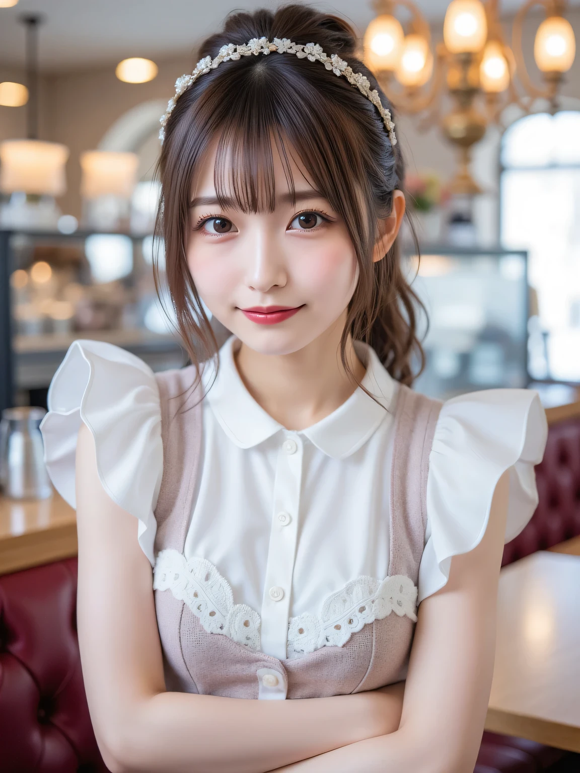 ((masterpiece, best quality)), ((super high resolution)), (photo realistic), best shadow, high detail, very detailed, (nice hands, perfect hands), (face focus:1.2), ((1girl)), beautiful girl, 18 years old, brown eyes, (brown middle hair1.5), (big breasts:1.3), (right smile:1.3), glossy skin, (view from front:1.3), (very slender:1.3), (cute face:1.3), (look at viewer:1.4), kawaii face, angel face, droopy eyes, (thin eyebrow:1.4),japanese natural makeup, thin lips, detailed facial features, facial and skin texture, Crisp focus, perfect beautiful body and face, cute childish face, perfectly in focus, (sleeveless frilled white blouse:1.4), (black long skirt:1.4), long bangs, in the cafe, (cowboy shot:1.4), japanese famous idol, (sitting on the chair:1.3)