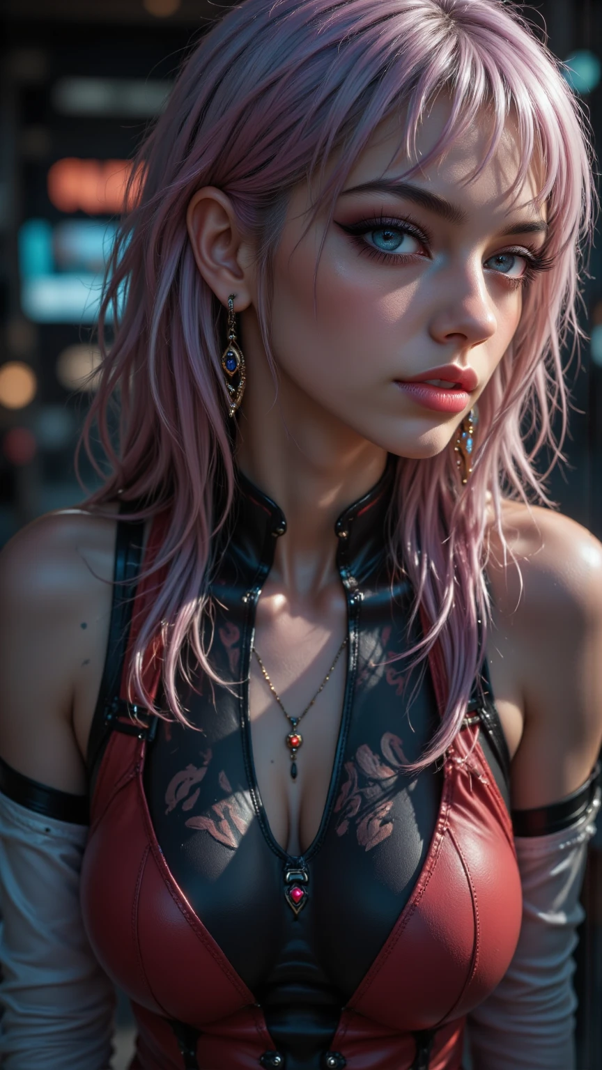 (masterpiece, realistic, best quality, perfect face, (beautiful and aesthetic:1.4), highest detailed face), (Ingrid, 1girl, mature female, dark skinned female, pink hair, long hair, hair intakes, lipstick, purple lips, makeup, yellow eyes), (huge breasts), full shot, side view, looking at viewer, (elegant, intricate, digital photography, high quality, 4k, extremely detailed, sharp, CG, hyper realism, dramatic light, HDR),