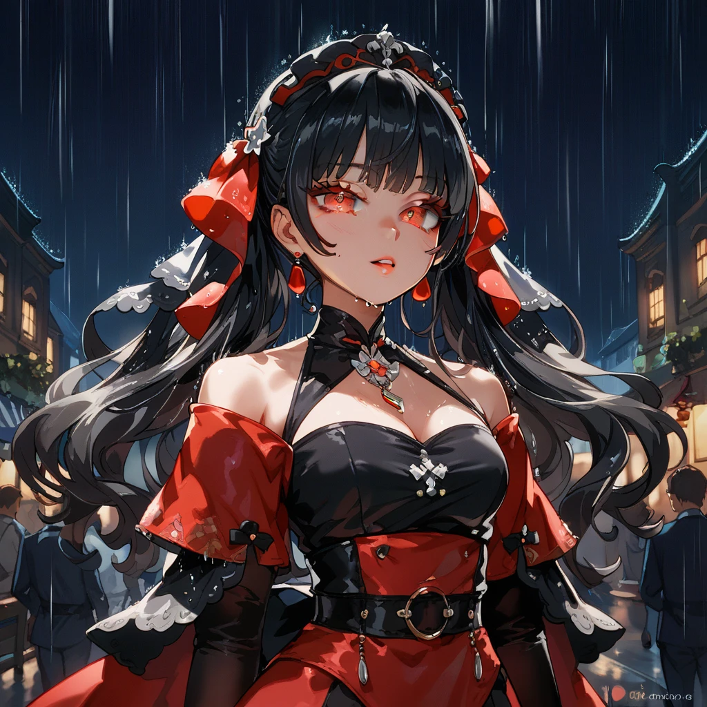 Black long and straight, probably shoulder-length, neglected due to work, the hair in front of the forehead is slightly scattered, the hair next to the cheeks is behind the ears, the red hairpin in the upper right corner, with a hair cap, and a beautiful figure (about 160b) red eyes. Wearing a solemn gray pleated skirt with some intricate structures, in the lake pavilion, he turned to look at the comer, and a huge pitch-black oil umbrella stretched out covered the girl's figure