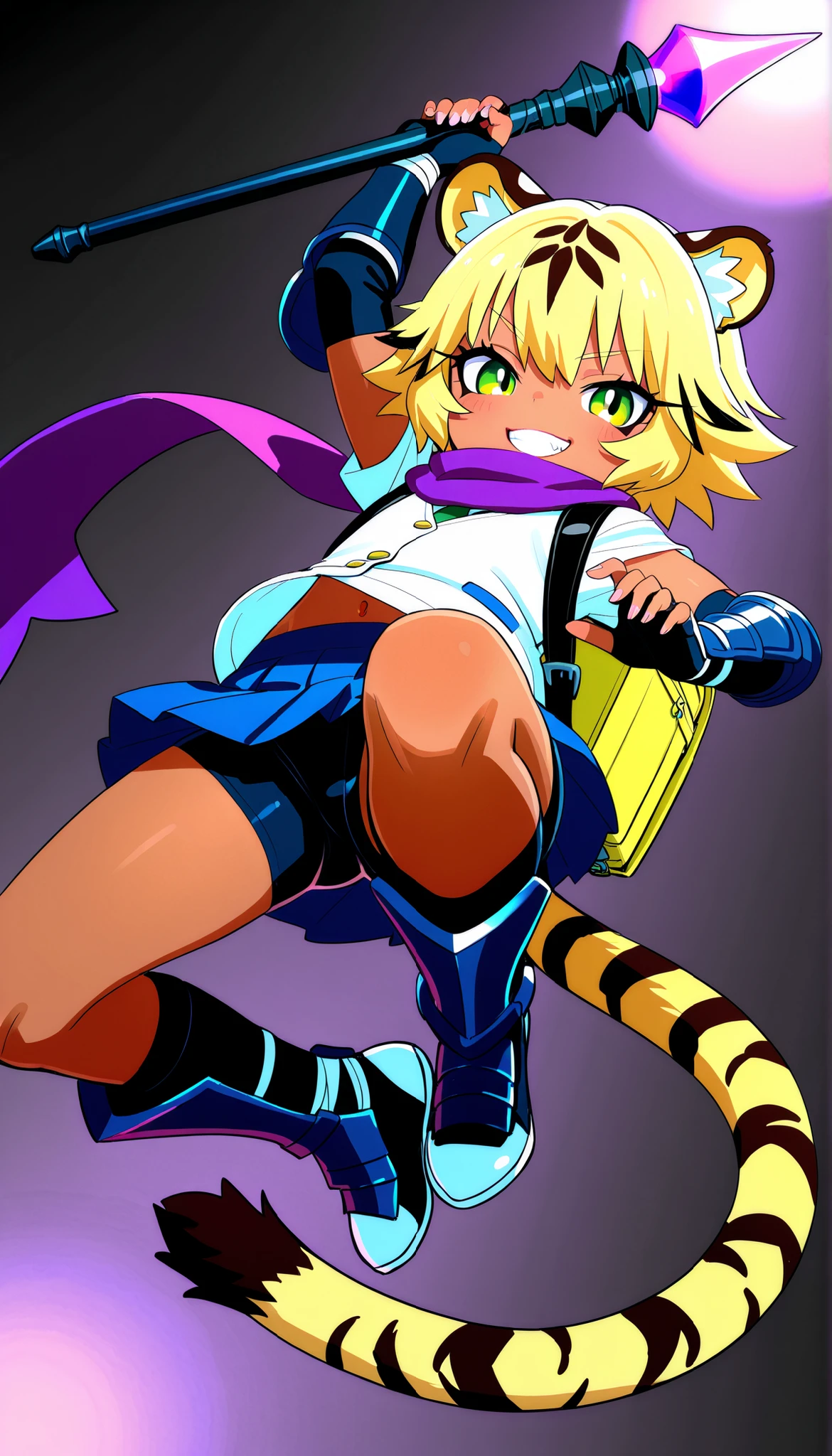 score_9, score_8_up, score_7_up, masterpiece, highest_quality, ultra_detailed, nsfw, absurdres, HDR, 4K, ultra_hd, official style, intricate details, (full_of_details, detailed_face, five_fingers, perfect_hands, perfect_fingers):1.5, from_below, BREAK solo_girl_only, solo_girl_focus, girl is (cute_female_toddler, (tiger_kin, tiger_ears, tiger_tail, kemono, black_eye_liner), yellow_short_hair, dark_skin:1.5, turime, evil_grin, short, skinny, bony, flat_chest, (ninja_scarf, ninja_gauntlets, ninja_greaves, schoolgirl_uniform, schoolgirl_miniskirt, compression_shorts:1.5, school_backpack), holding_wizard’s_staff_with_hand:1.5, jumping_pose):1.5, BREAK dynamic_angle, dynamic_perspective, simple_color_backgrounds, covering_privates, convenient_censoring