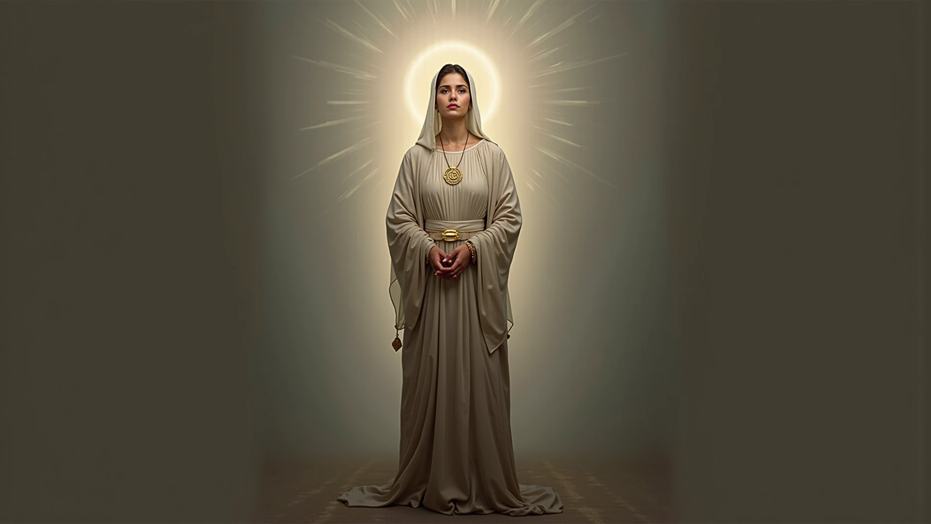 Beautiful Virgin Mary, Halo, stylish, clean, Sharp design, Flowing silhouette, Reddish beige tunic, Blue coat and veil, Simple silhouette, Chic and sophisticated impression, Simple and sophisticated style, Elegant,