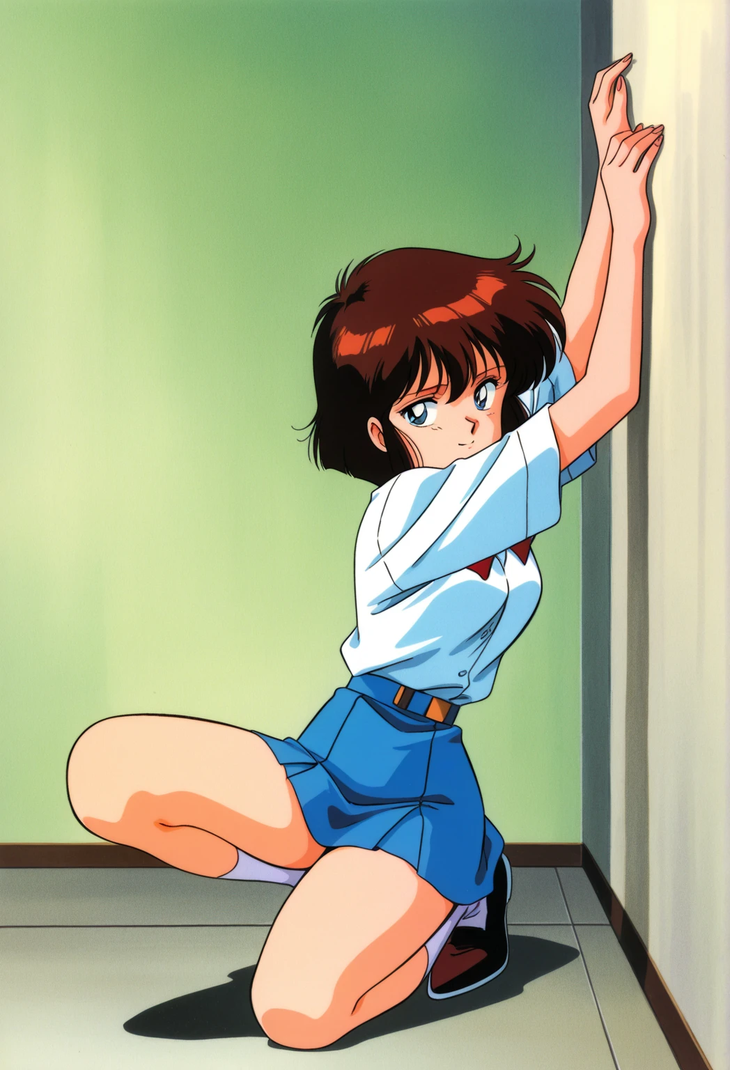 (1980's anime, retro art style, masterpiece, best quality, highly detailed, perfect anatomy, NSFW), twilight, an eerie indoor space overflowing with a massive horde of zombies, a decaying abandoned building with scattered flesh and bloodstains), Sense of depth, open pose, 1girl (Solo:1.5), looking down to viewer, Troubled face, embarrassed from, Stand in the center of the screen, open mouth, full body (complete nudity:1.5), cowboy shot, From the side, all-fours, Bare legged, showing anus, huge drooping udder, large bulging areola, Nipple sunk into the areola,