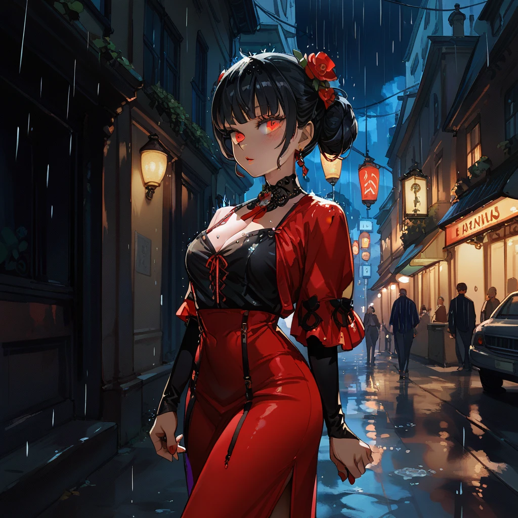 (Fatal Frame Crimson butterfly), (Full body photo:2), (Laura/woman and a ghost/zombie woman/ghost with her decomposing body behind Laura:1.5), (Laura is wearing a black fabric high school student outfit and a short skirt:1.5), (she has large breasts:1.9), (she has short black hair:1.5), (red eyes:1.5),  (red lipstick on her mouth:1.5), (she's holding an old Camera:1.5), (she's in an old Japanese village at night, raining heavily:1.5), (wet clothes/hair:1.3), Fatal Crimson Butterfly Frame, anime, Terror, 16k, best quality, highres, high details, UHD, masterpiece