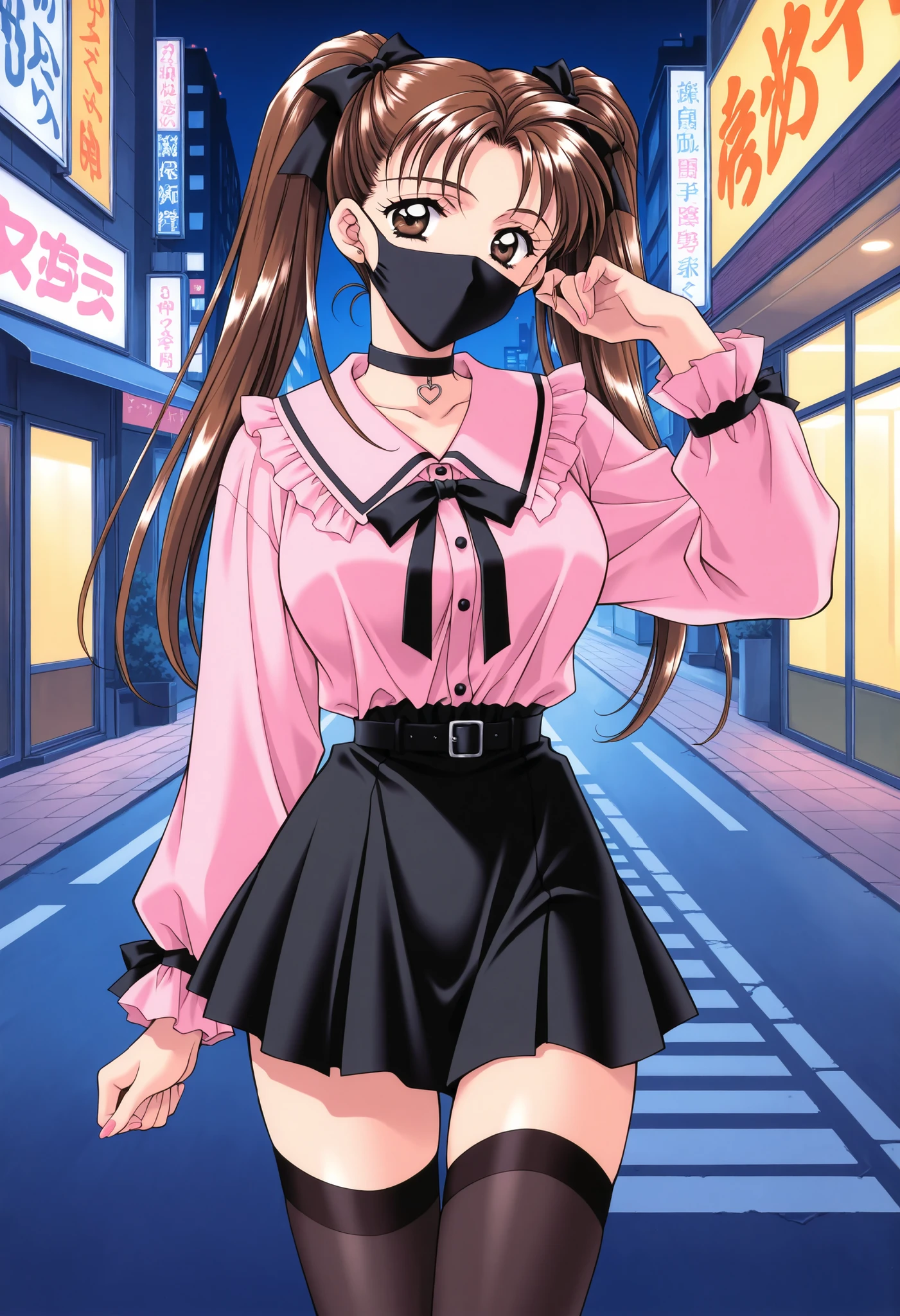 Score_9, score_8_up, score_7_up, source_anime, KanouRyouko, 1girl, solo, twintails, brown hair, brown eyes, large breasts, 1990s (style), kadoi aya style, (best quality), (high quality), {masterpiece}, extremely delicate and beautiful, ultra-detailed, beautiful detailed eyes, jirai kei, pink shirt, black skirt, black choker, black thighhighs, shibuya, street, night, ((black mask, mouth mask, covered nose)), standing