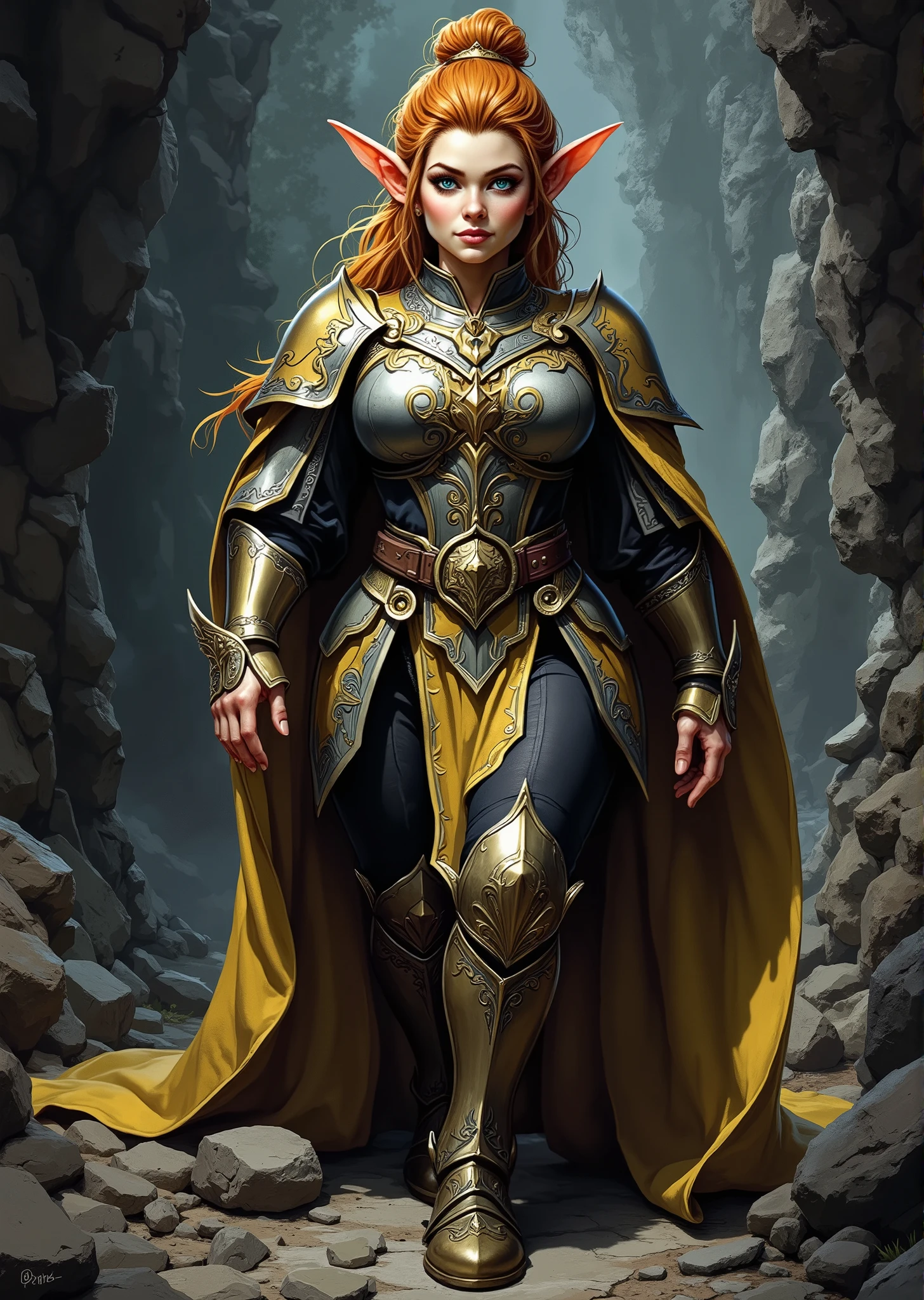 An extremely detailed comic book illustration of a stunningly beautiful extremely curvaceous Gnome from Dungeons and Dragons petite magical folk with big eyes and pointed ears created by gods of invention and illusion seldom seen by other folk due to the gnomes' secretive nature and their propensity for living in forests and burrows making up for their small size with the cleverness trained as a Cleric following worshiping a Goddess of Trickery Violence and Madness able to draw power from the realms of the gods and harness it to work miracles wearing a sturdy intricately designed chest plate that features ornate patterns suggesting a high level of craftsmanship with a metallic sheen likely made from a combination of steel and magical materials with sleeves adorned with lighter flexible armor that allows for movement while the gauntlets are robust providing protection to the forearms and decorative elements that match the chest plate with a cape flowing from the shoulders billowing dramatically that appears to be made from a rich shimmering fabric with a slight glow indicating it is possibly imbued with magical properties over fitted leggings reinforced with protective armor pieces with intricate designs that complement the upper armor and emphasize her extremely long legs with a belt cinching her waist in an art style inspired by Frank Miller and Conan the Barbarian. Overall, the outfit conveys a sense of authority and strength, blending functionality with aesthetic appeal, ideal for a character in a fantastical setting. The Background is awash in textured brushstrokes of dark moody shades. Standing in a dynamic action pose. Trending on Art Station.
