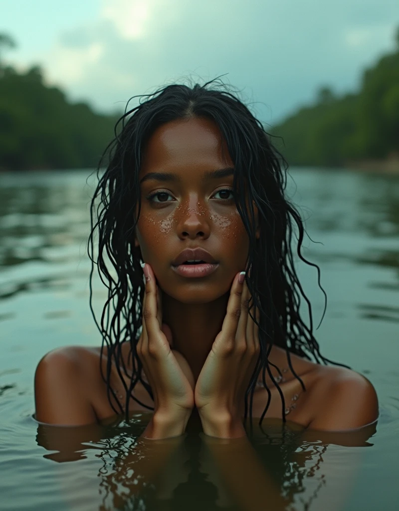 portrait of a brazilian ebony woman wearing turquoise bikini, liquid clothes, sunburnt ebony skin, (extreme long light afro curly hair), wavy at the height of the back, jade eyes, fluffy turned, ((big cheeks)), bathing in the natural, naked in a deep river and transparent waters, only with the head and neck out of the water, between reeds, (backlit),  plump lips, detailed (wrinkles, blemishes!, folds!, moles, viens, pores!!, skin imperfections:1.2), detailed eyes, detailed face, detailed upper body, Better eyes, Better face, Better skin, realistic, wearing naked_bandage brown, masterpiece, high quality, brightness, shadow, flower, [[chromatic aberration]], by Jeremy Lipking,  by Antonio J. Manzanedo, Brazilian, 8k uhd, forest, river, wood, smoke, shadows, contrast, clear sky, style, (warm hue, warm tone)