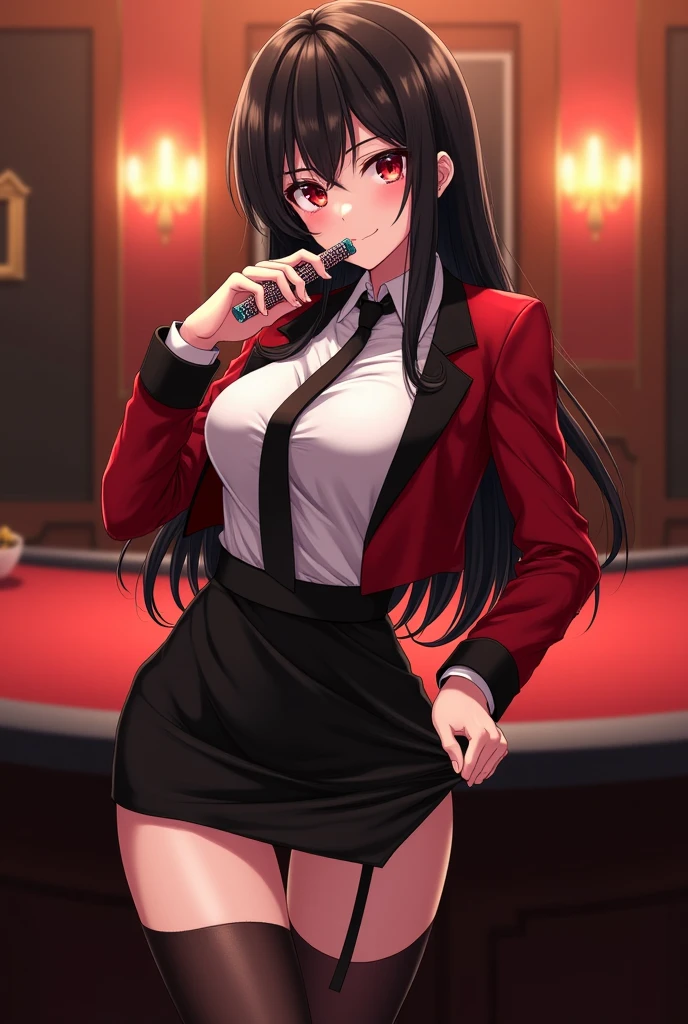 (masterpiece, top quality, best quality, highly detailed:1.2), 1girl, solo, photo of a sexy lounge singer posing seductively on stage and peeing on the floor, peeing self, having an accident, casino, indoor, standing, ((pee stream)), (pee puddle), pee stain, panties, form-fitting red gown, wet gown, wet furniture, pee puddle, peeing, thigh high heels, stockings, wet stockings, black hair, green eyes, smirking, golden braclet, red lipstick, black long gloves