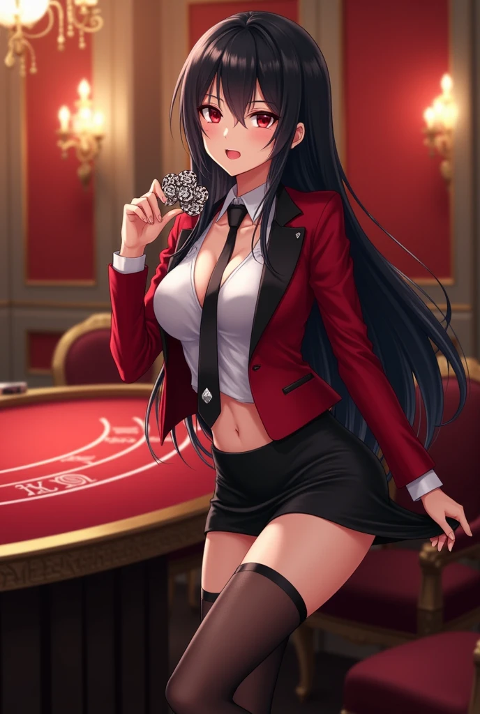 A Japanese anime-style painting of a woman in a combination of a tailcoat and a leotard. The woman is not wearing tights or anything like that. She is a casino dealer.