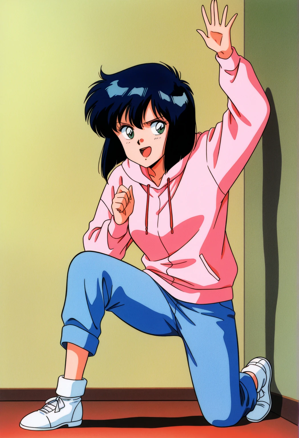 Kyoko,score_9,score_8_superior,score_7_superior,sauce_anime,One girl,alone,View your viewers,city,Streetscape of the 1980s,asphalt paved,paved,lamp post,force_line,Orange sky,evening,Pink Sweater,White collared shirt,length_skirt,blue skirt,cowboy_shot,Front view,squat、Squat、Panties in full view、Sad face、:d,arms_behind_return,