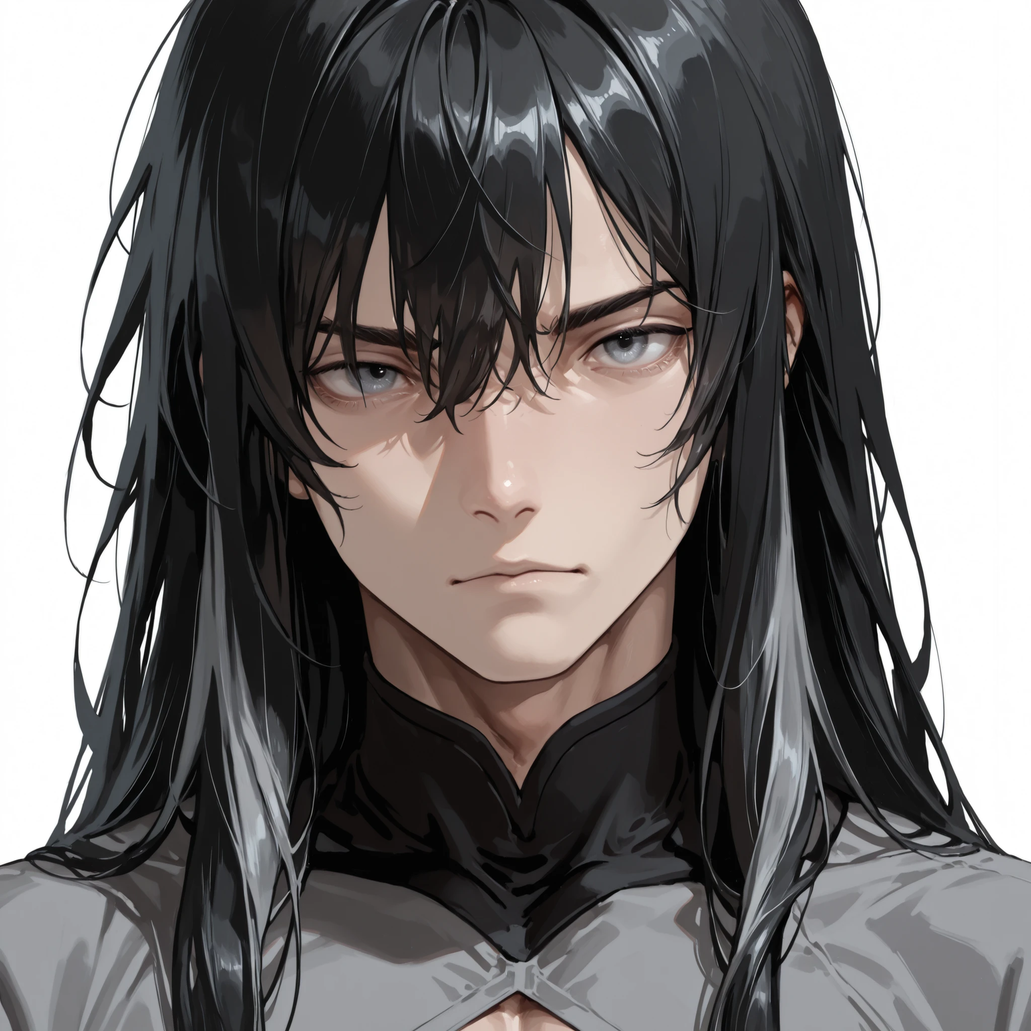 (Masterpiece, absurdres, newest topquality) 1boy, solo, maturemale, malefocus, long hair, black hair, grey streaks, blue-greyish eyes, form fitting longsleeves, standing upright, white background, looking at viewer, tall, lean build, portrait, close up, front view, looking at viewer, ((focus face)), body front