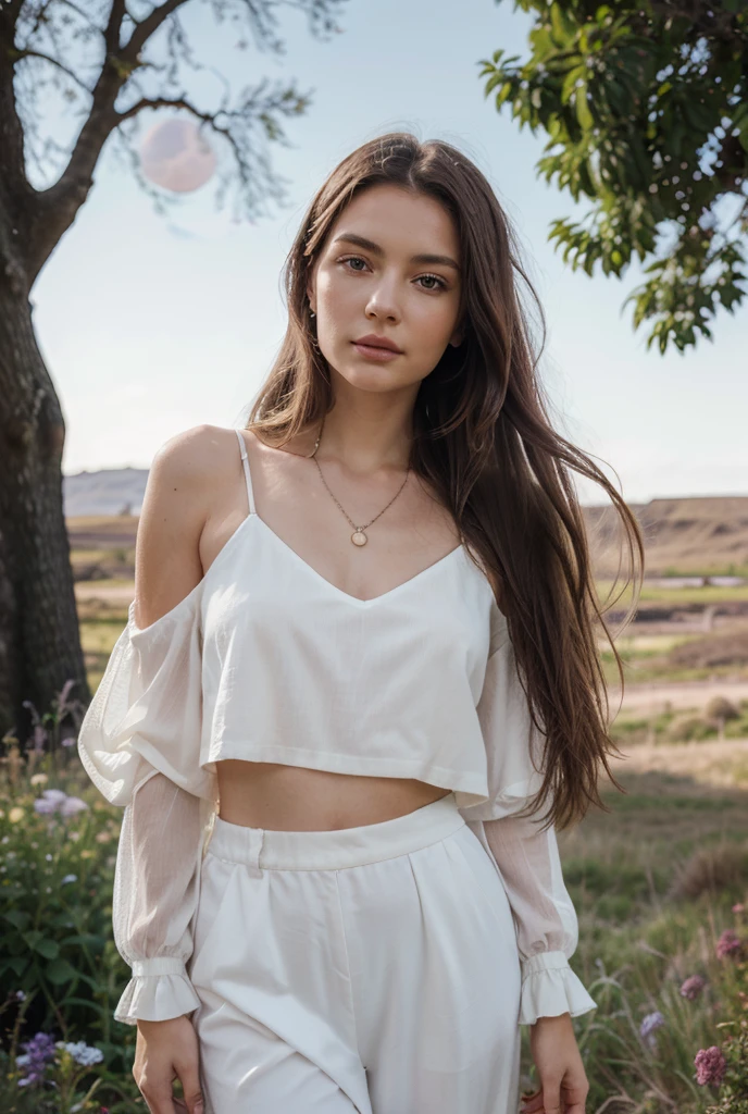 Photo of a 20 year old brunette woman, that has a very natural face, thin lips, thin eyes, thin eyebrows, thin nose, earrings, green eyes, long eyelashes. She makes a cute picture in a garden. 
